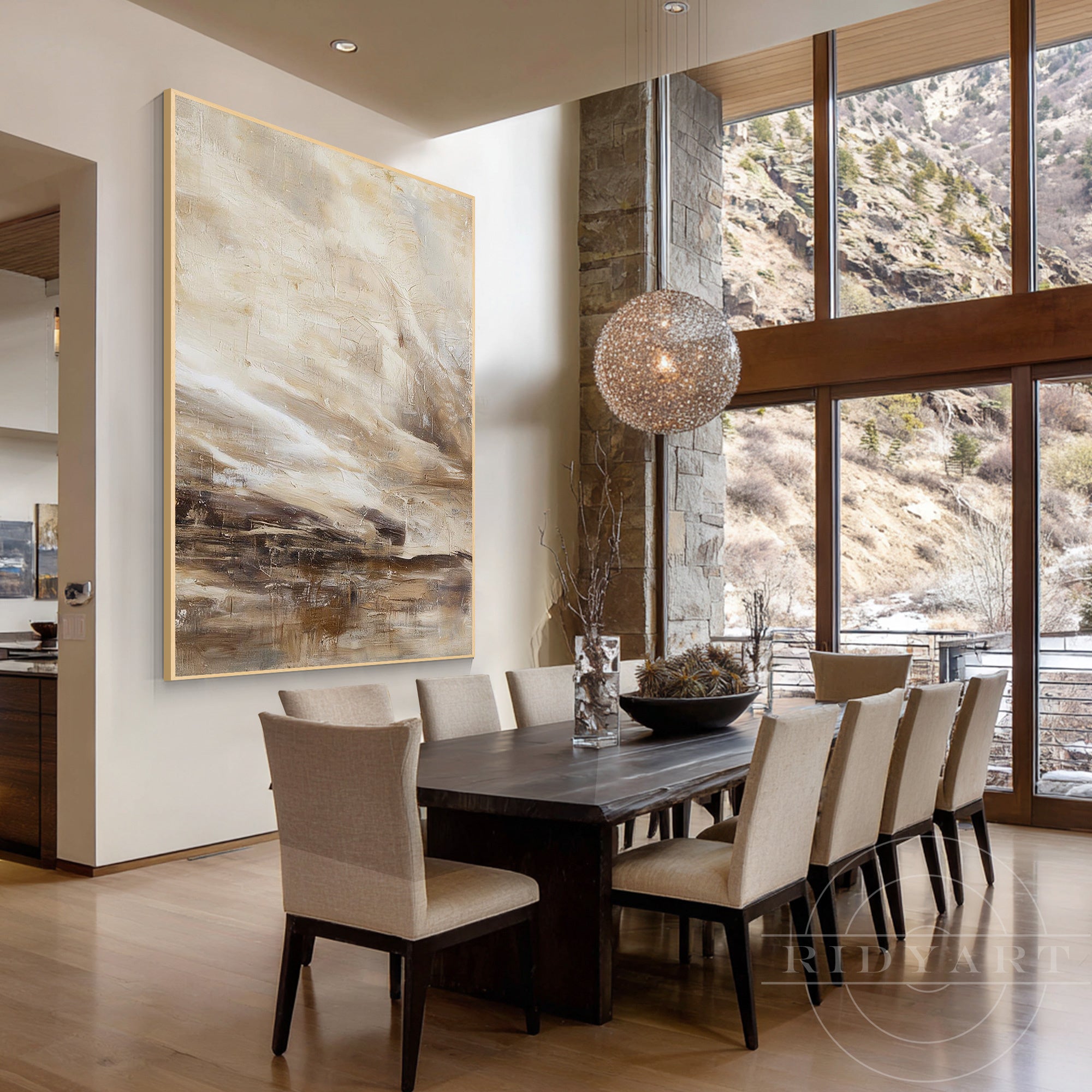 Wabi-sabi Japandi style abstract canvas artwork with heavy paint texture in organic neutral beige and earthy brown shades