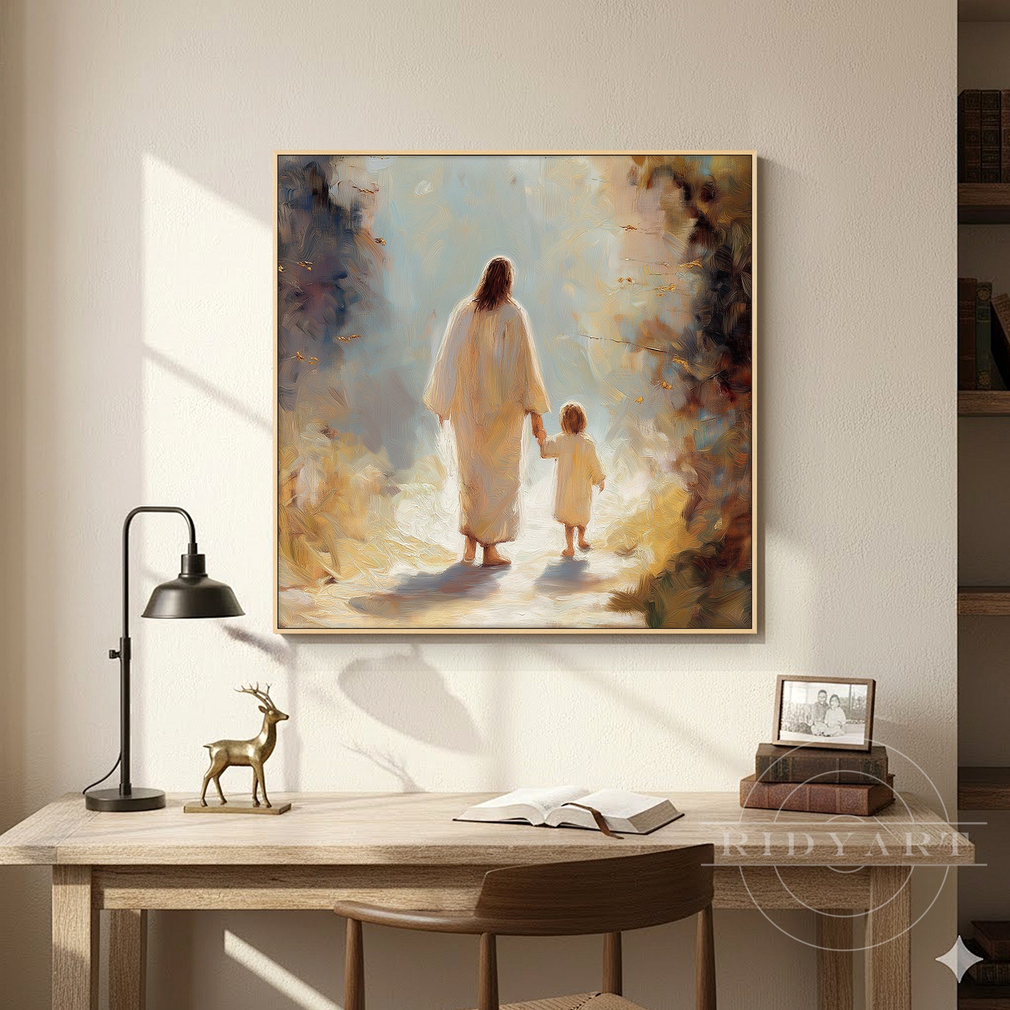 Jesus walking with boy beige brown Christian wall art canvas