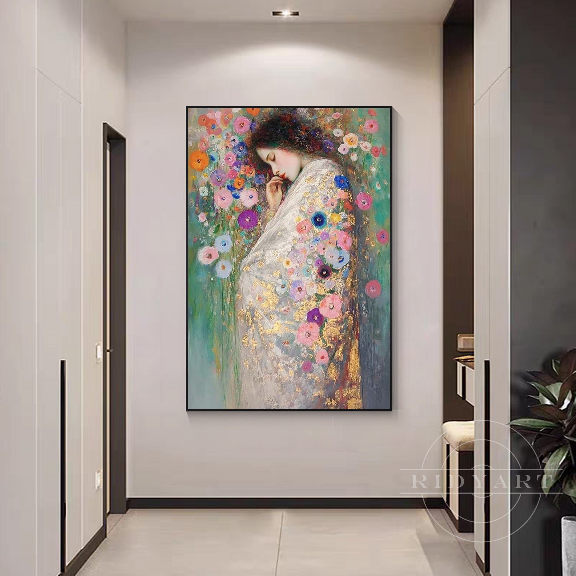 Klimt style dreamy girl portrait pastel floral art
