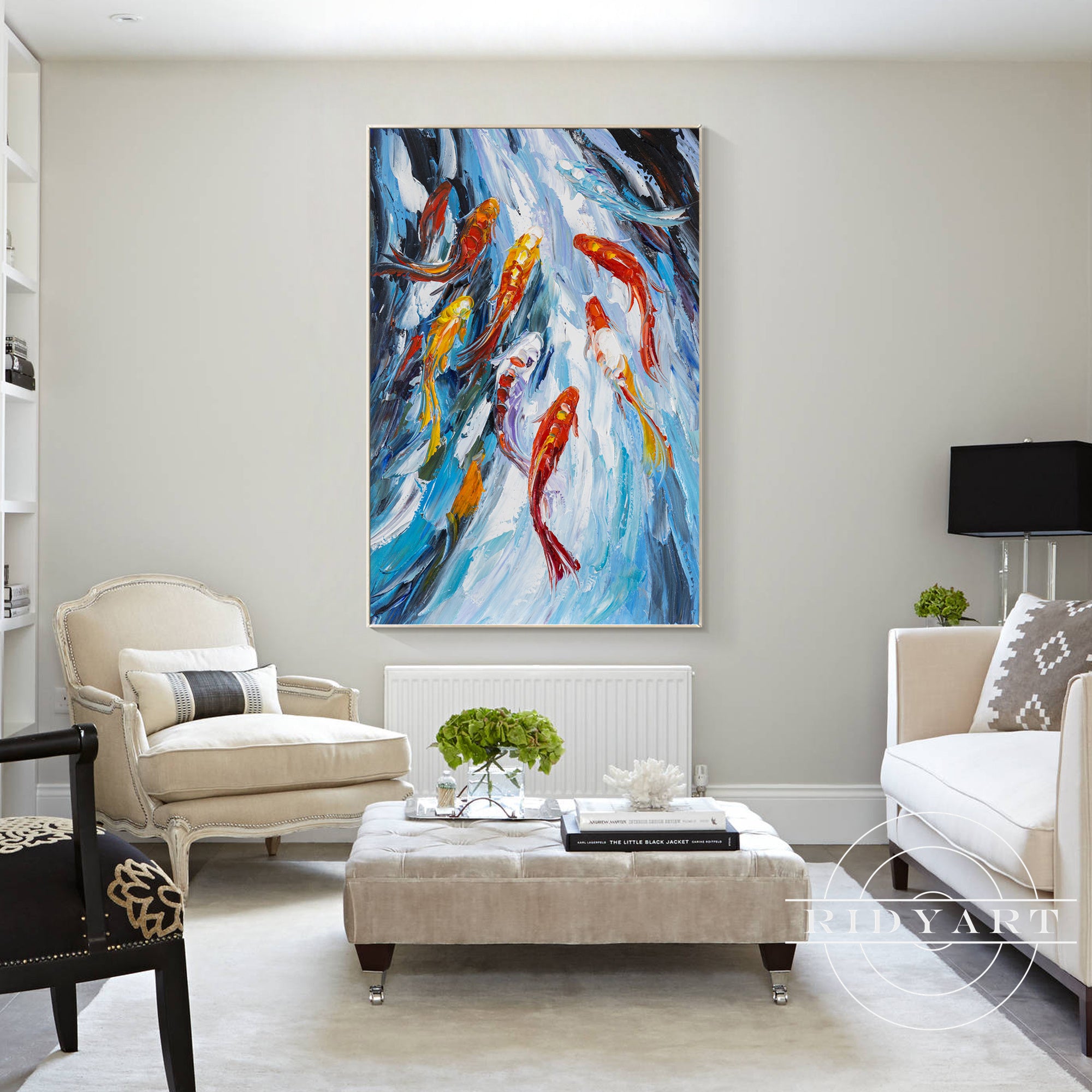 Feng Shui koi fish textured wall decor on large canvas