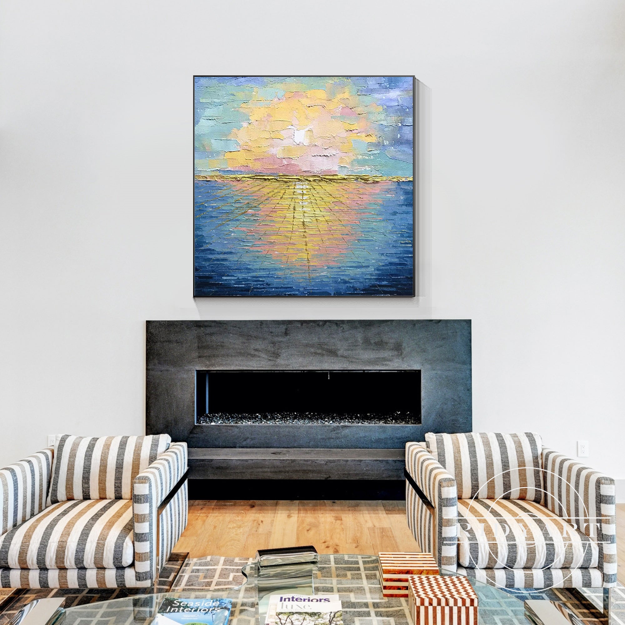Abstract sea painting with sunrise and soft sunset clouds