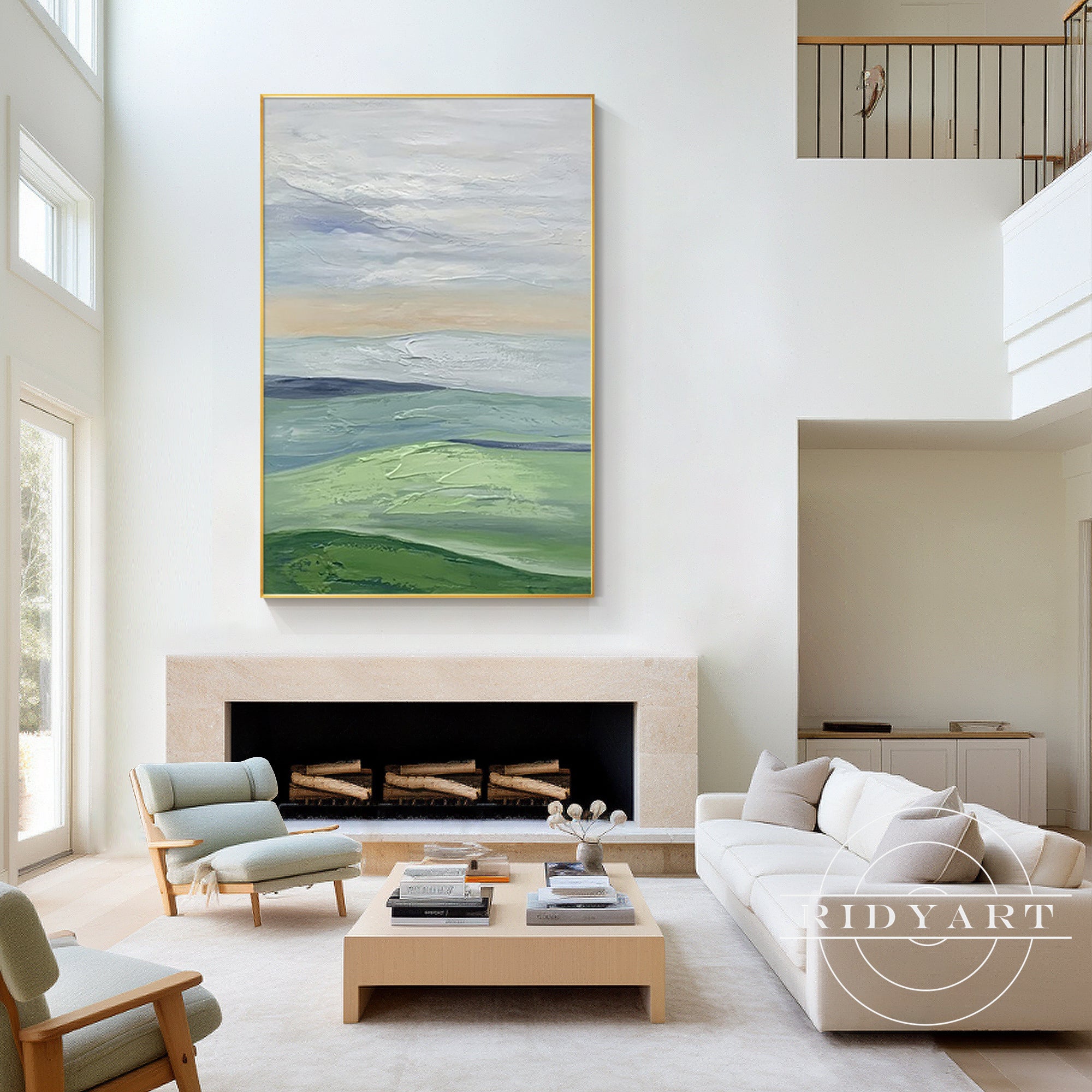 Blue and green abstract landscape canvas art for sage green rooms.