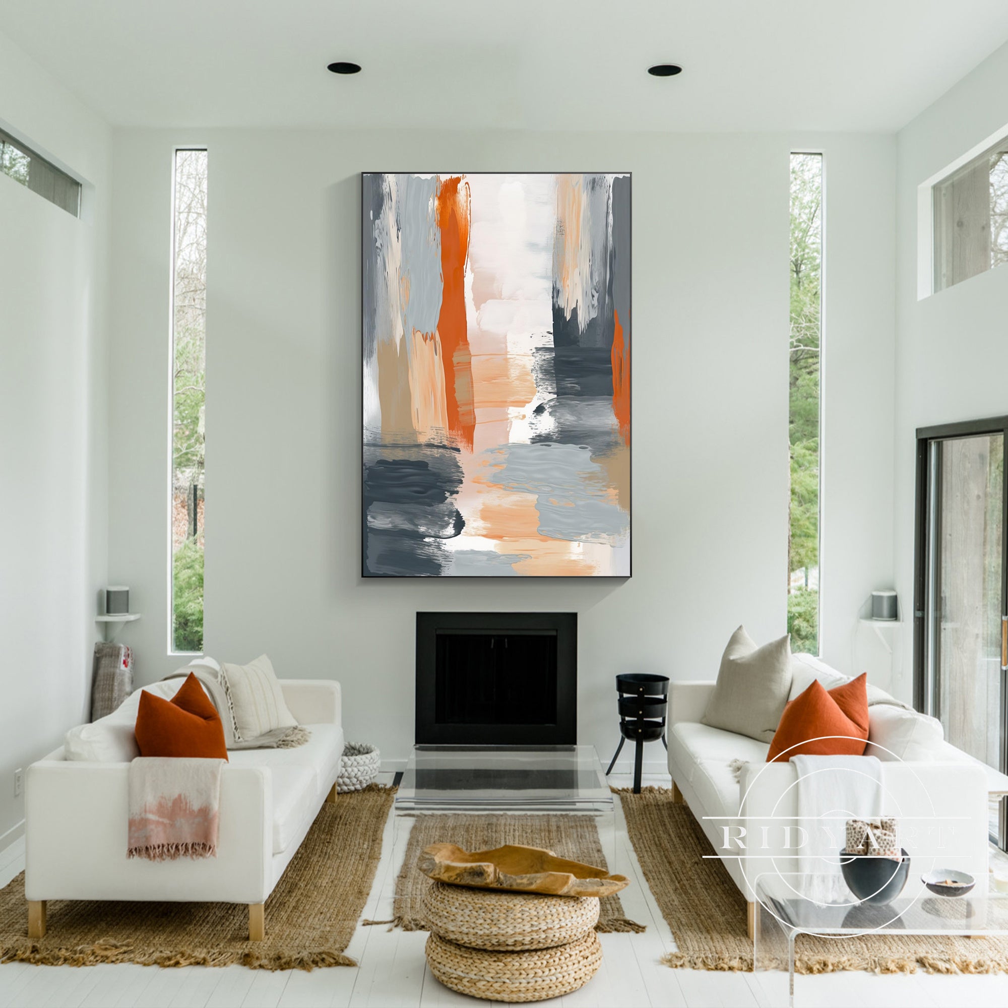 Large Abstract Orange and Gray Wall Art for Contemporary Decor