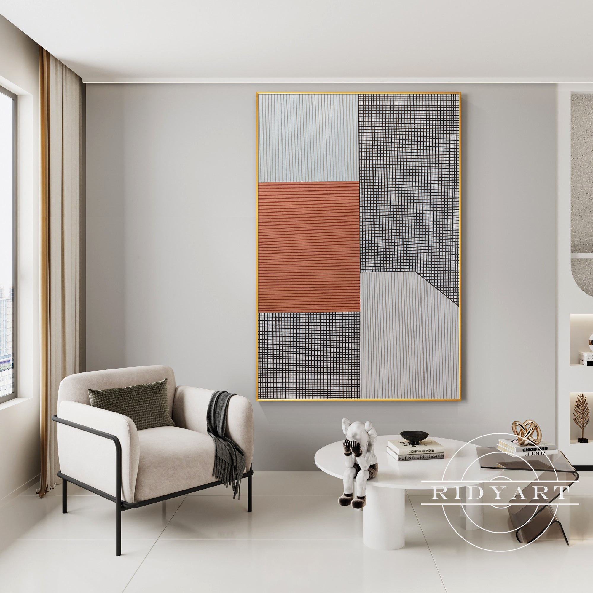 Nordic-style abstract art in terracotta and gray for minimalist decor.