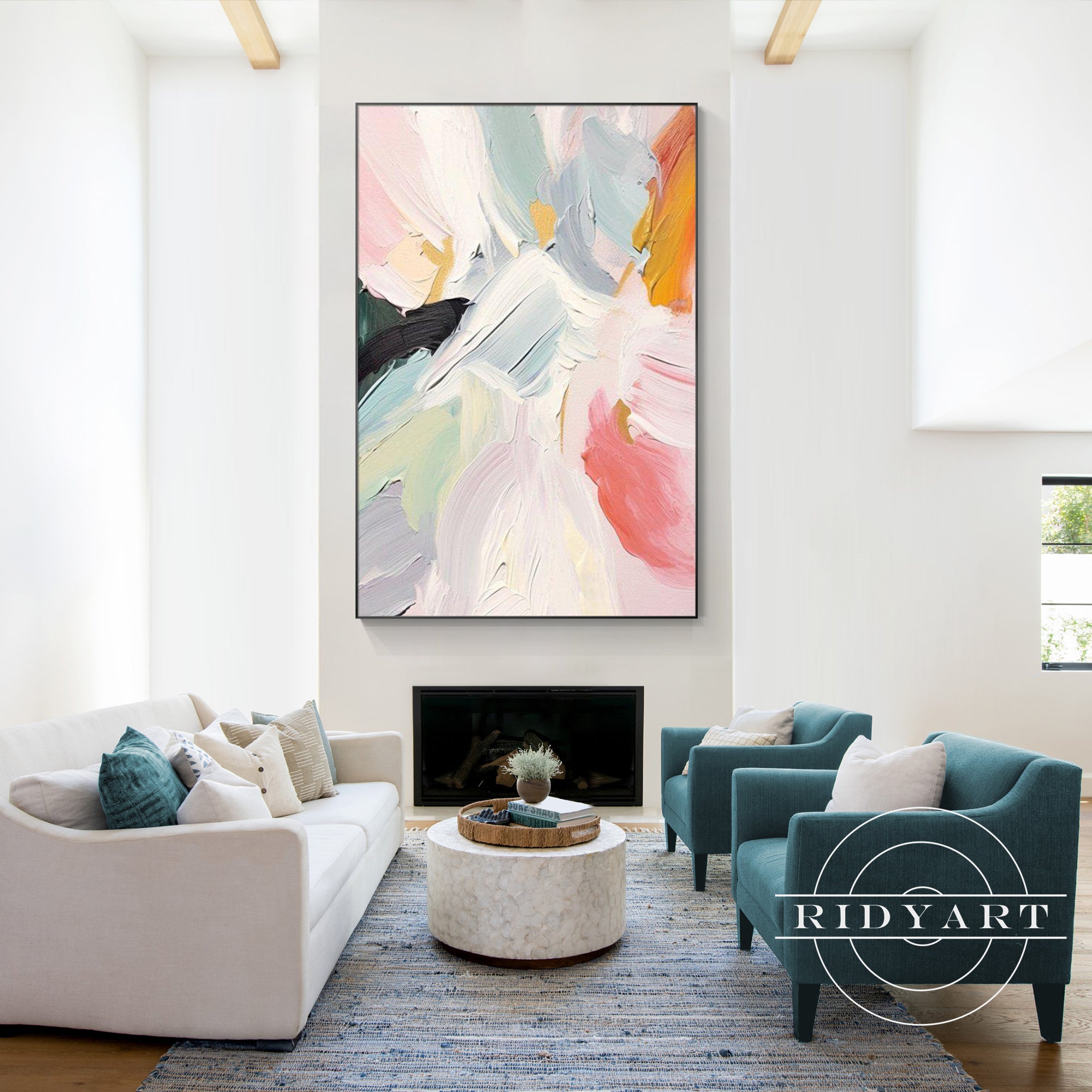 Pink and blush pastel art for living room with textured brushstrokes.