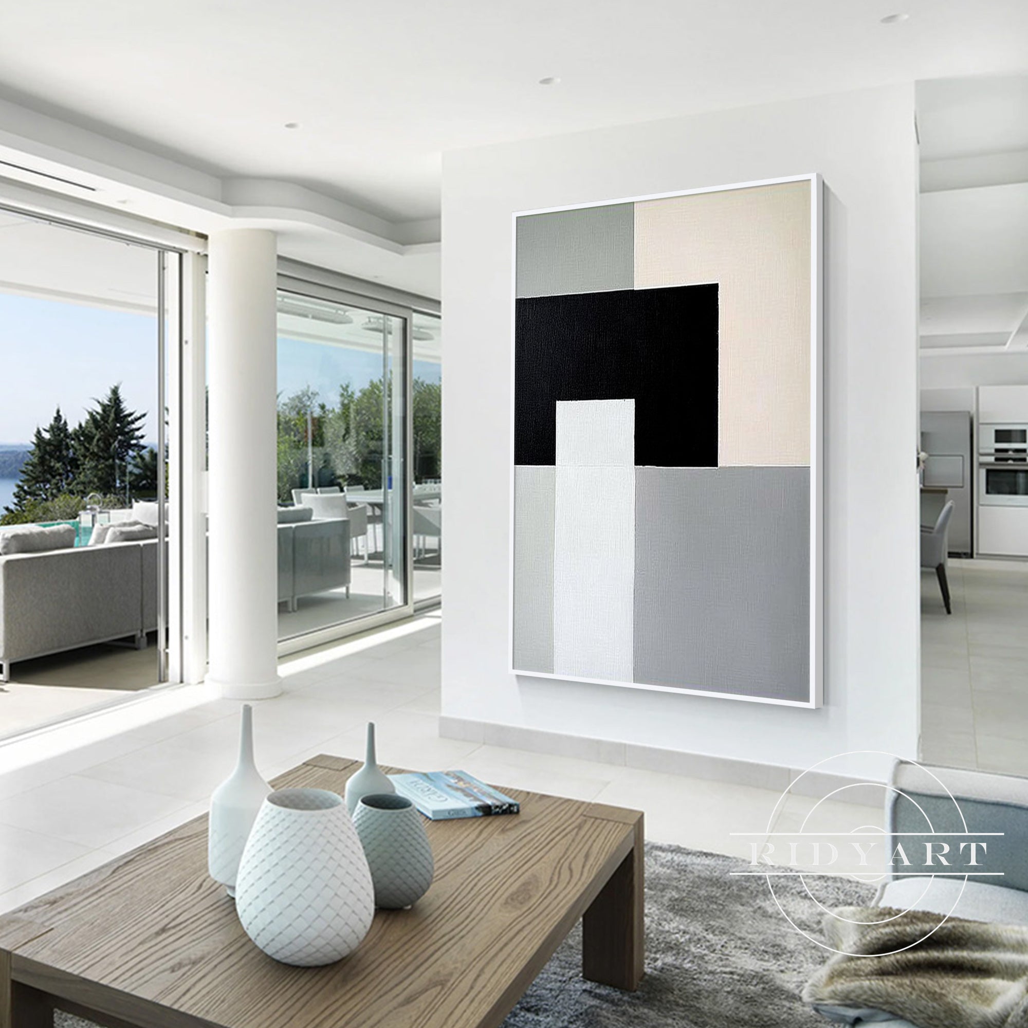 Modern black gray beige wall art for home interiors