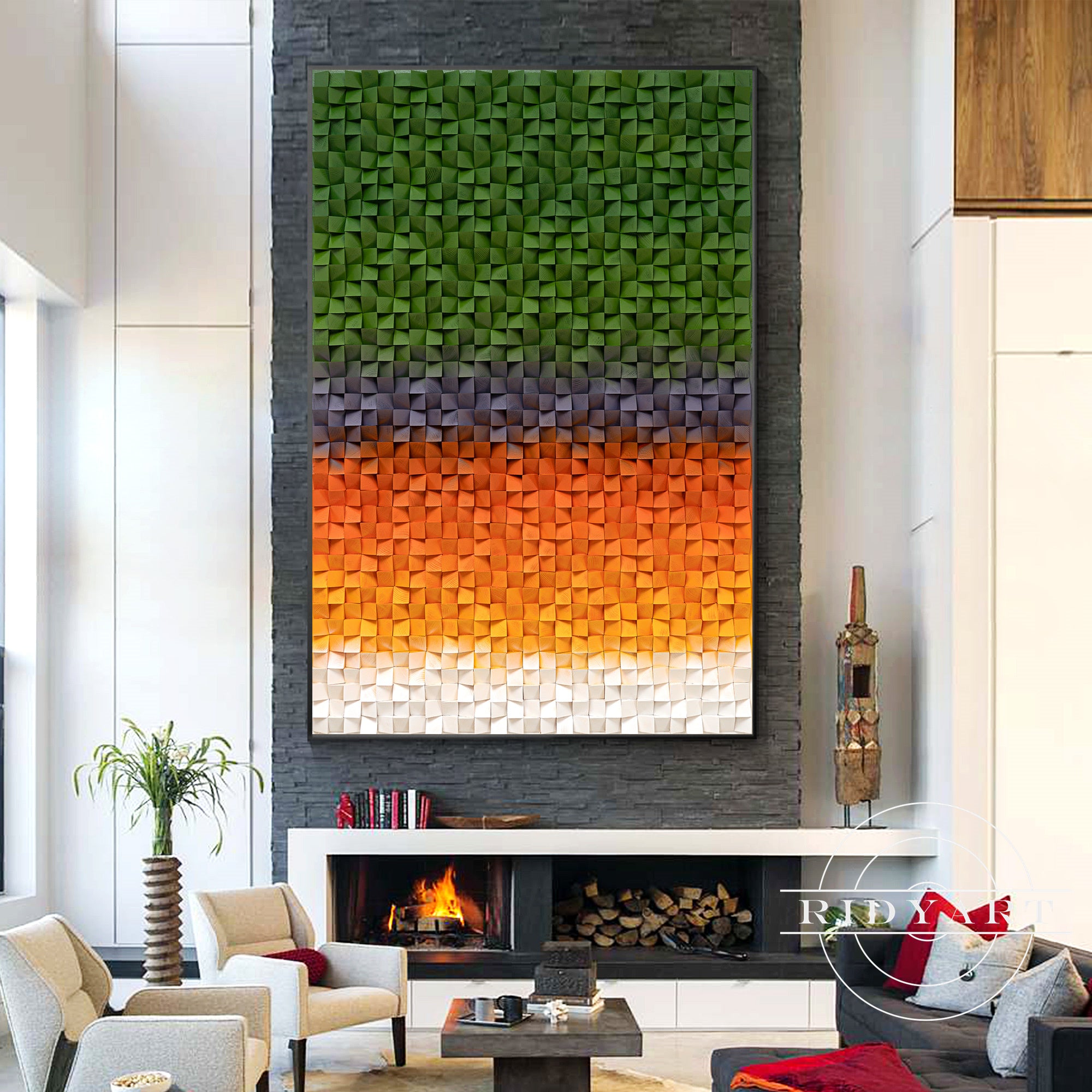 Handmade ombre wood art in green and orange shades