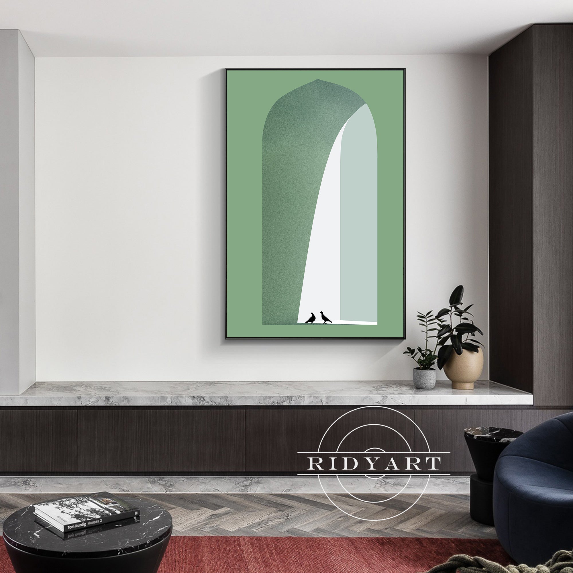 Elegant green arch canvas painting with pigeons for living room decor.