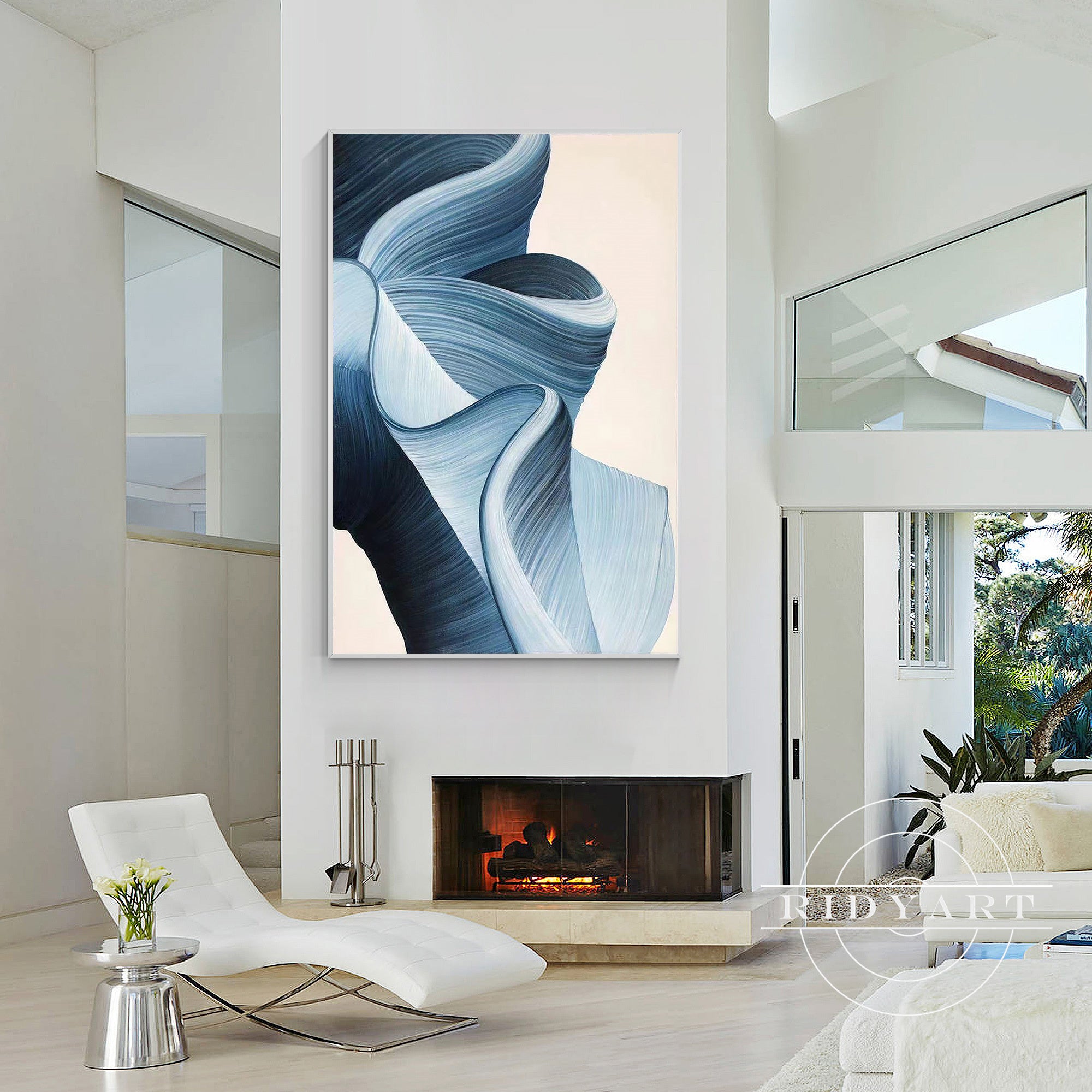 Modern blue ribbon artwork for bedroom wall decoration