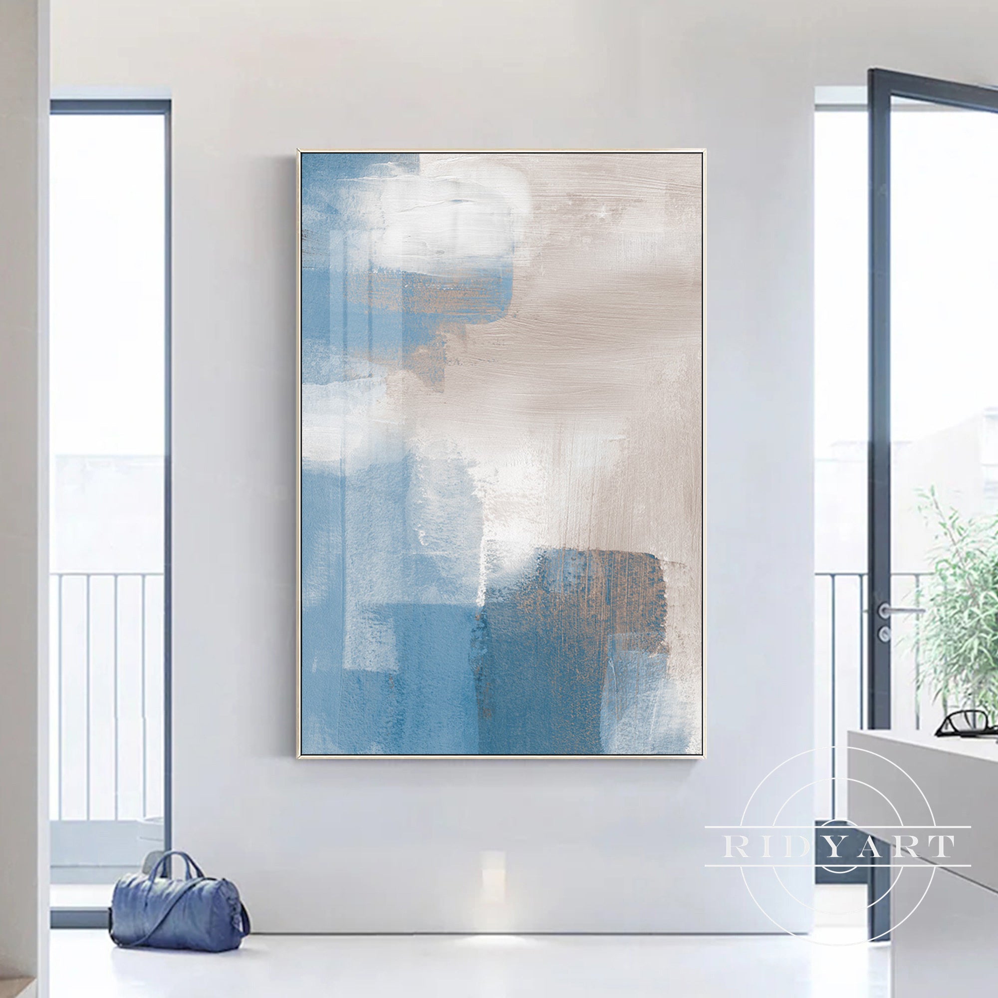 Large canvas painting with blue and earthy brown tones.