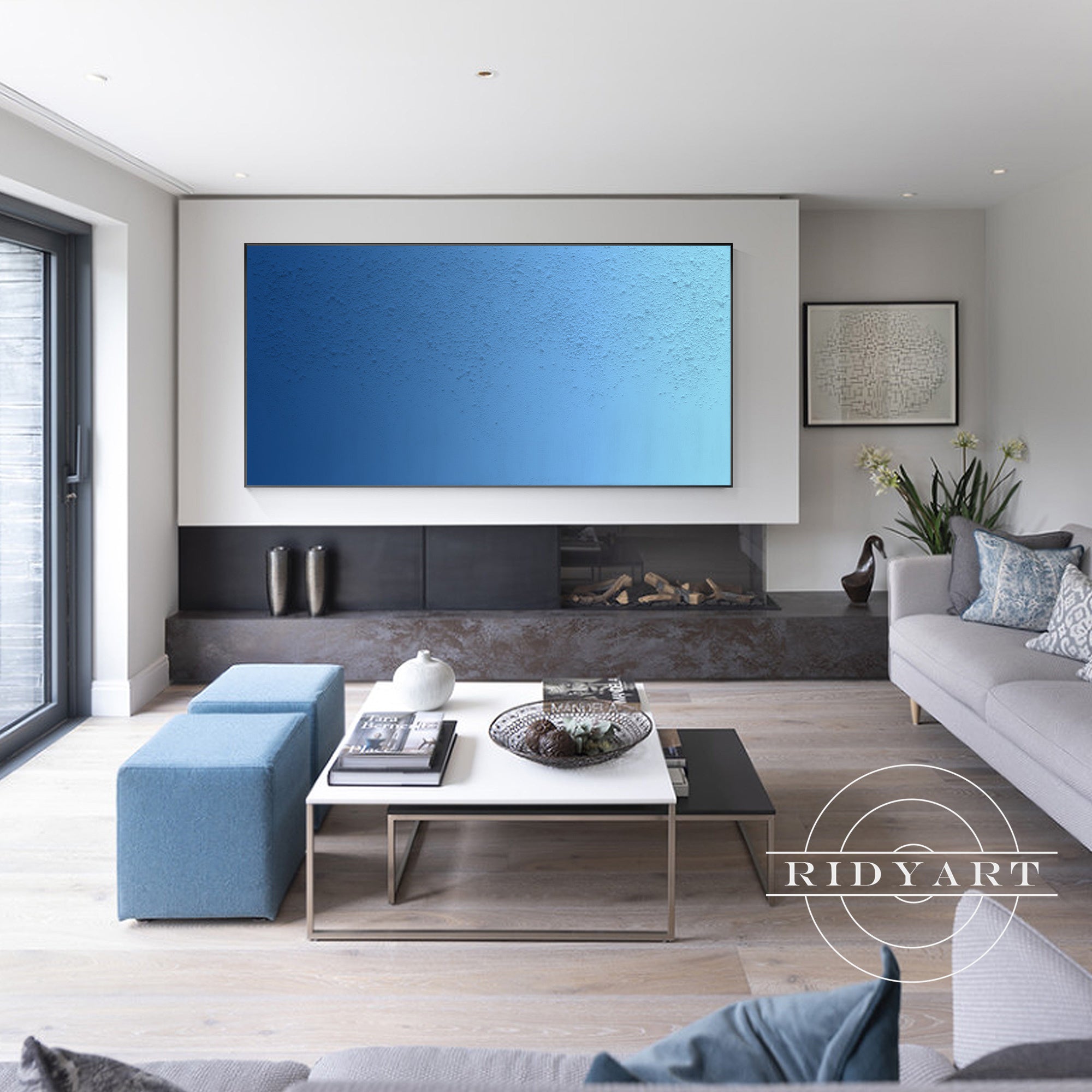 Contemporary ombre wall art in deep and light blue