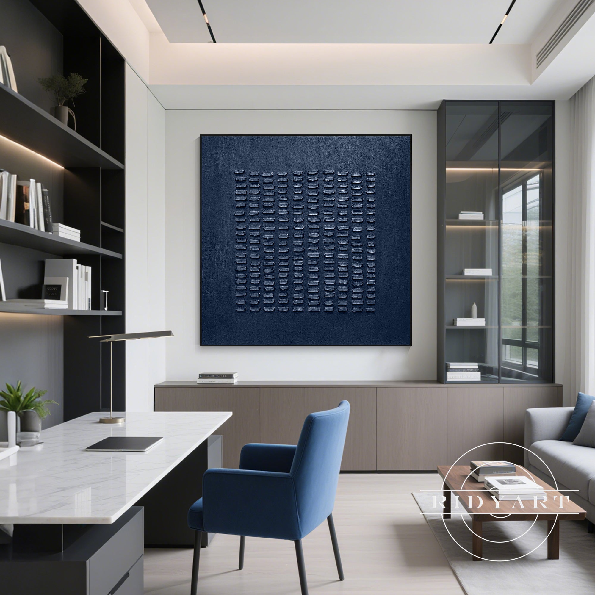 Textured abstract square painting in deep blue tones