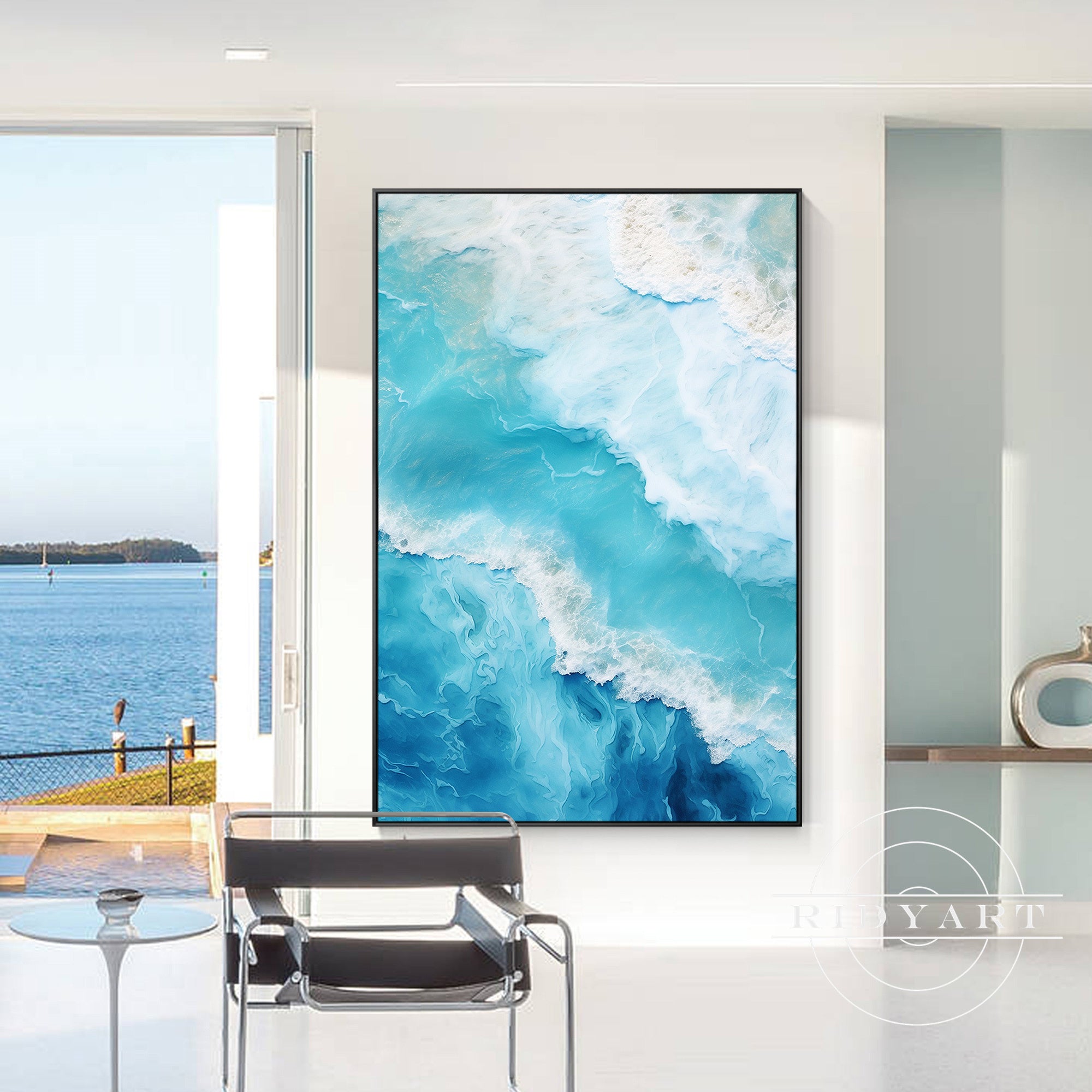 Ocean-inspired abstract artwork in bold blue hues
