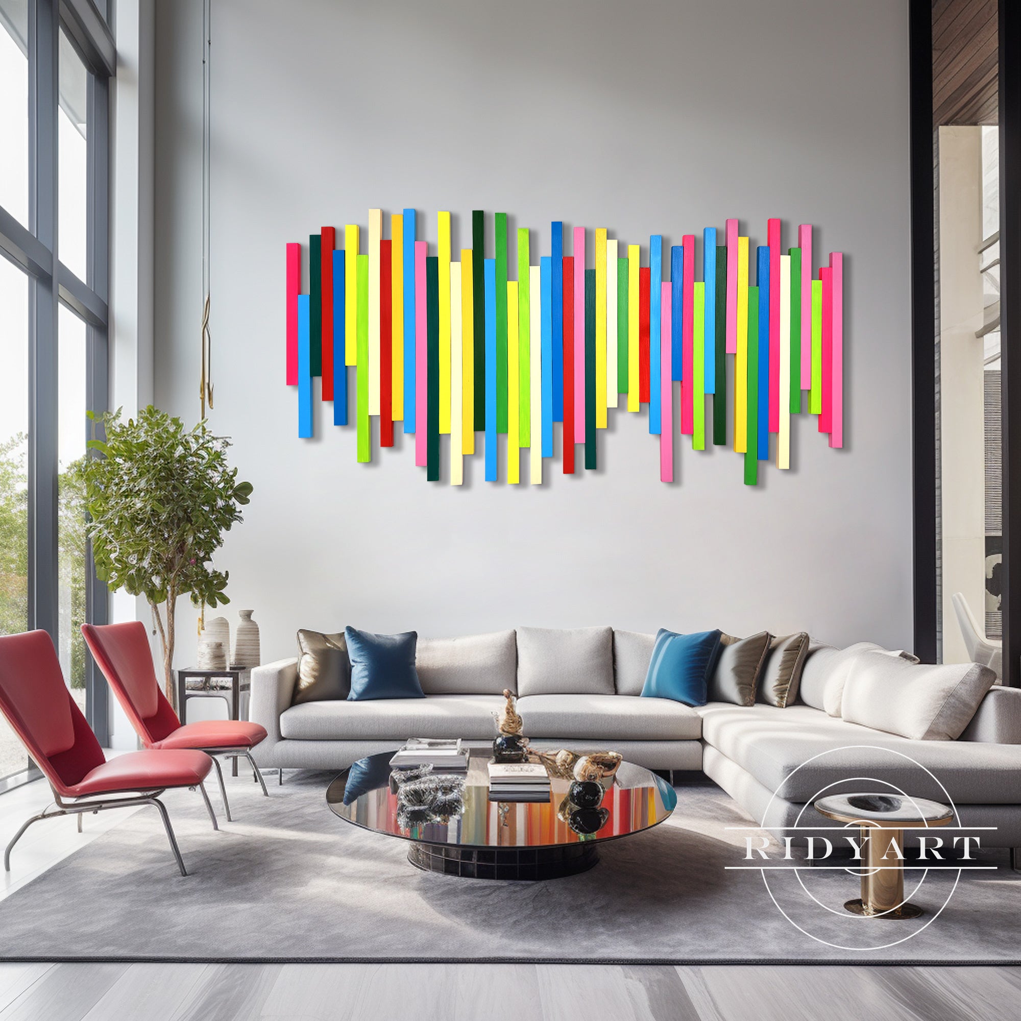 Long wood wall art for living room in vibrant rainbow tones