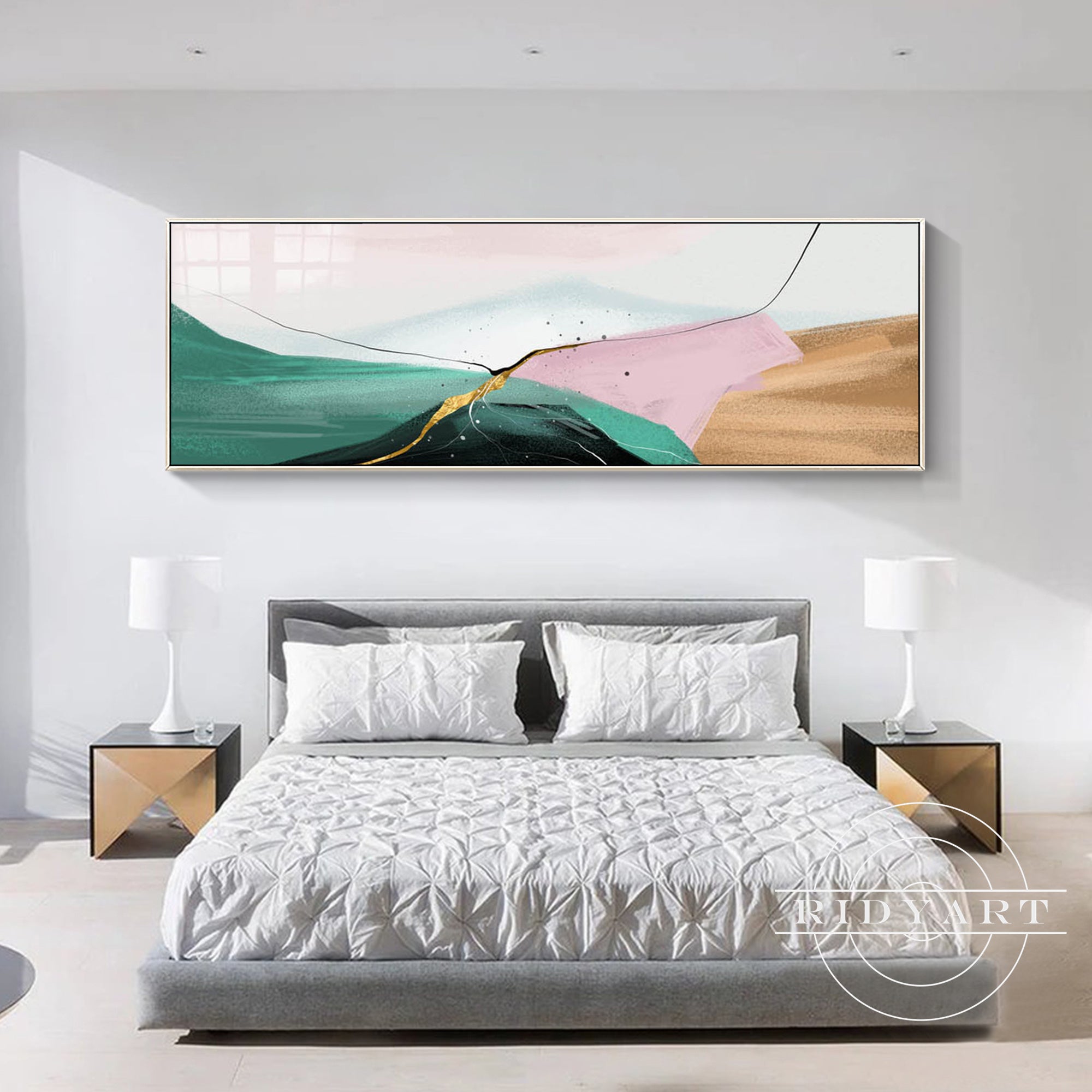 Large abstract brown and green framed wall art for interiors.