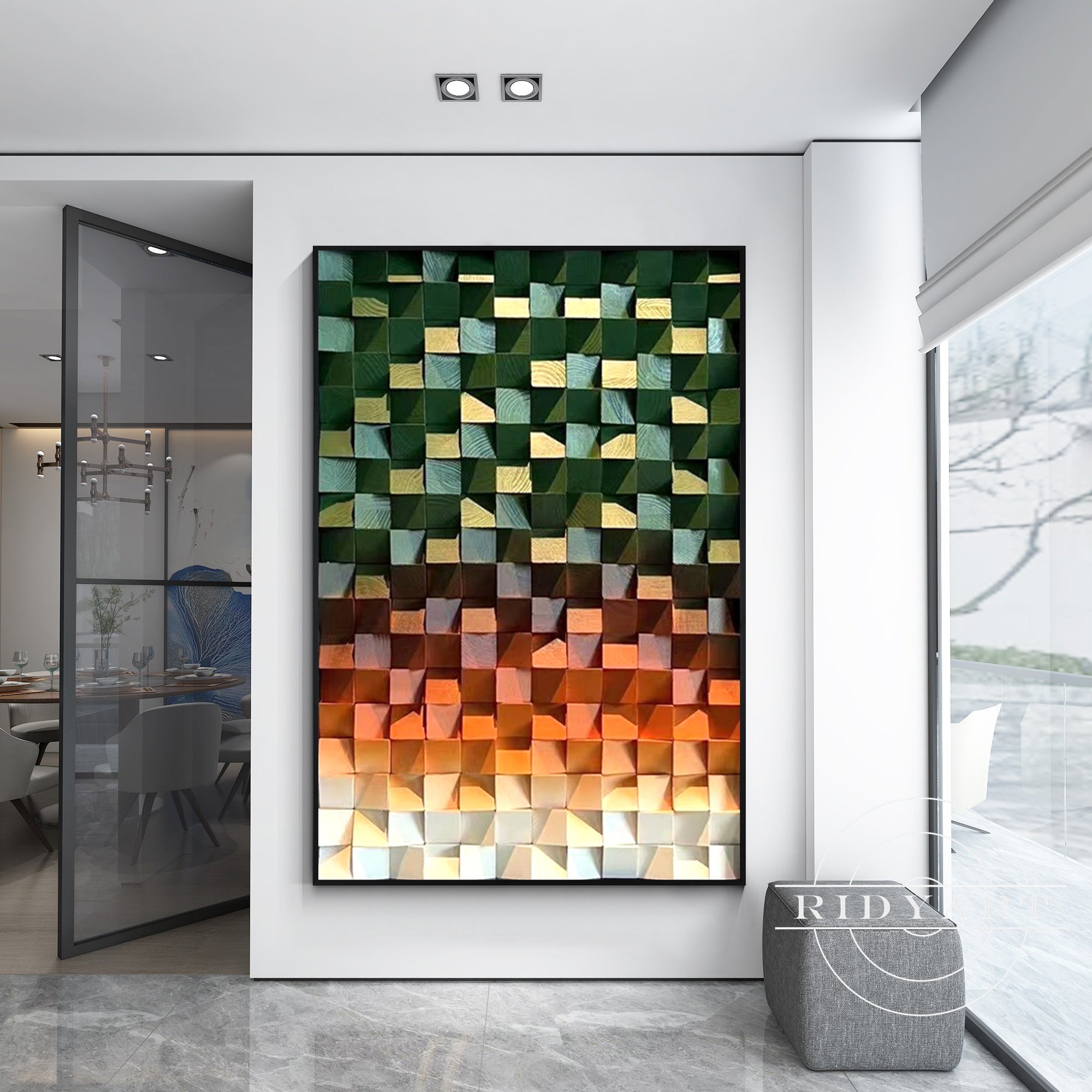 Textured wood panel wall art in geometric layout