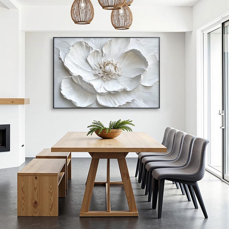 Original white flower canvas art with thick impasto paint