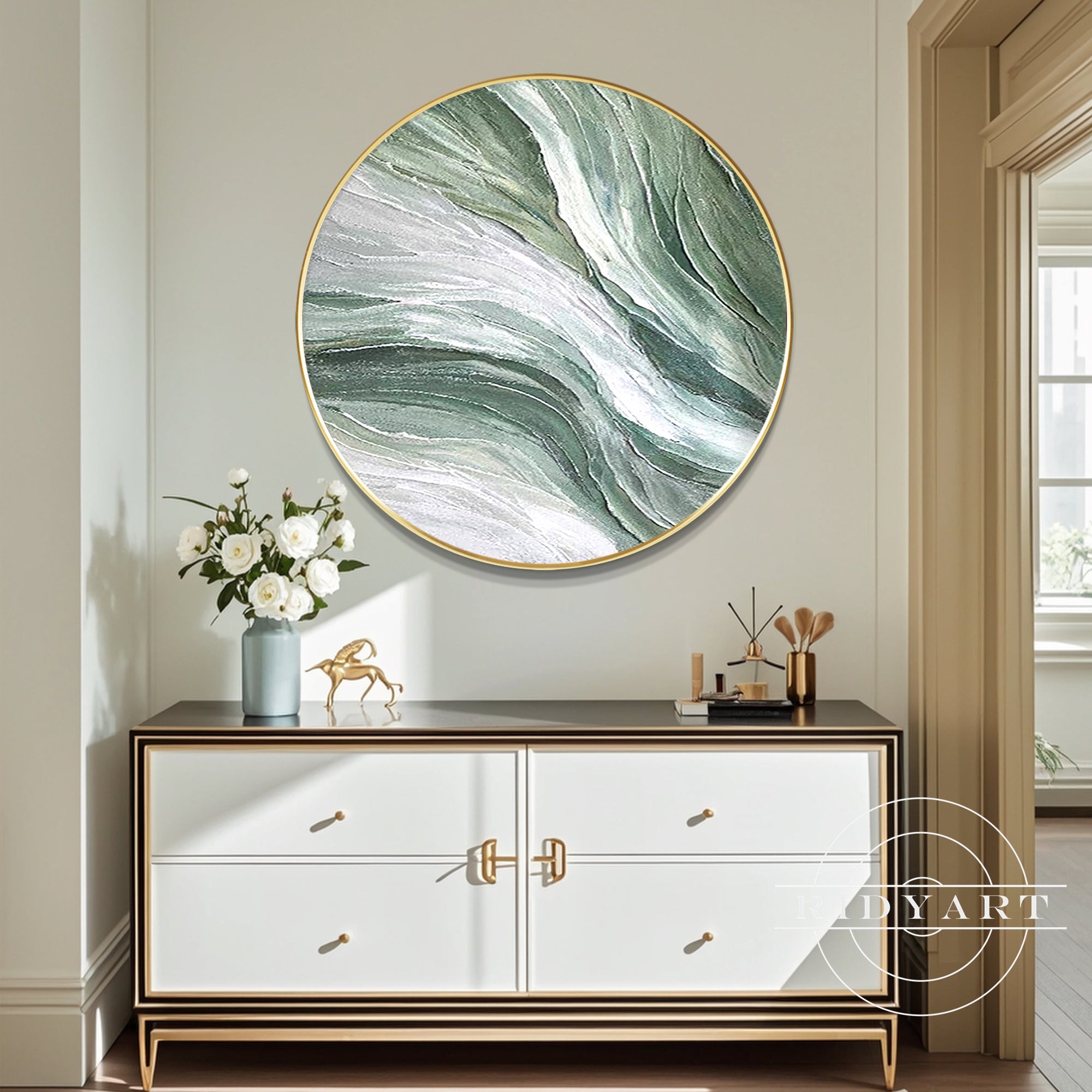 Large round wall decor featuring green and gray textured design