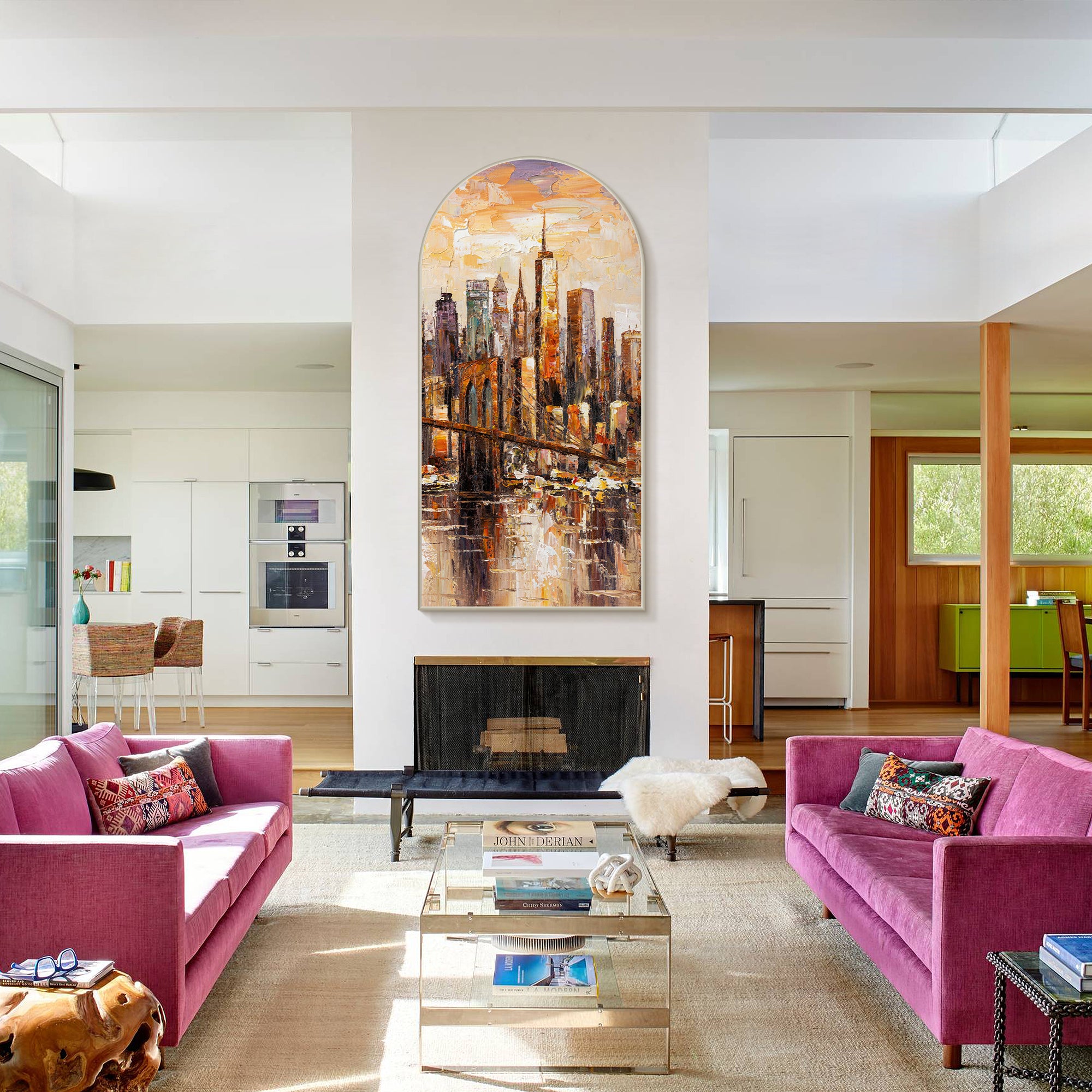 Textured Brooklyn art for modern brown living room décor