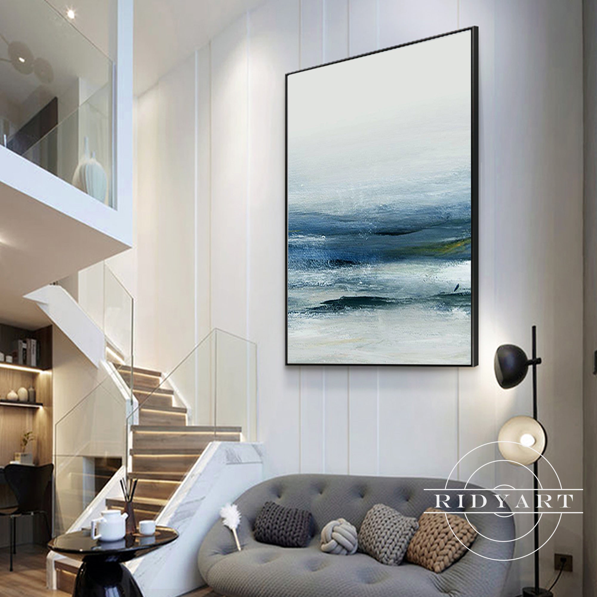Framed modern blue gray coastline artwork for home interior