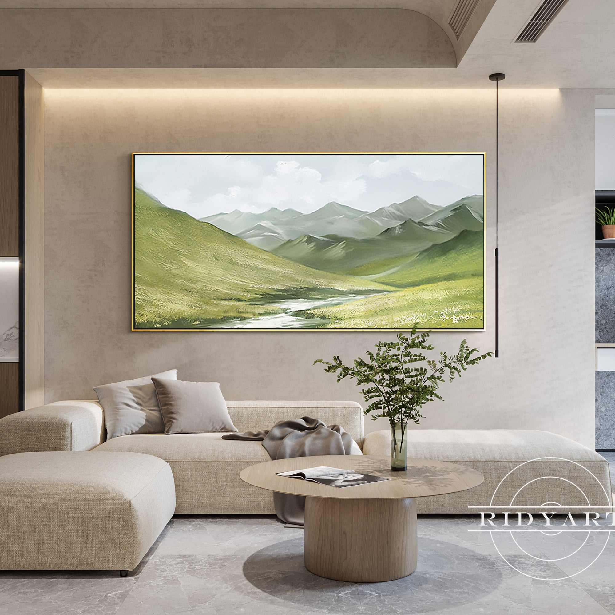Framed abstract sage green mountain painting on canvas