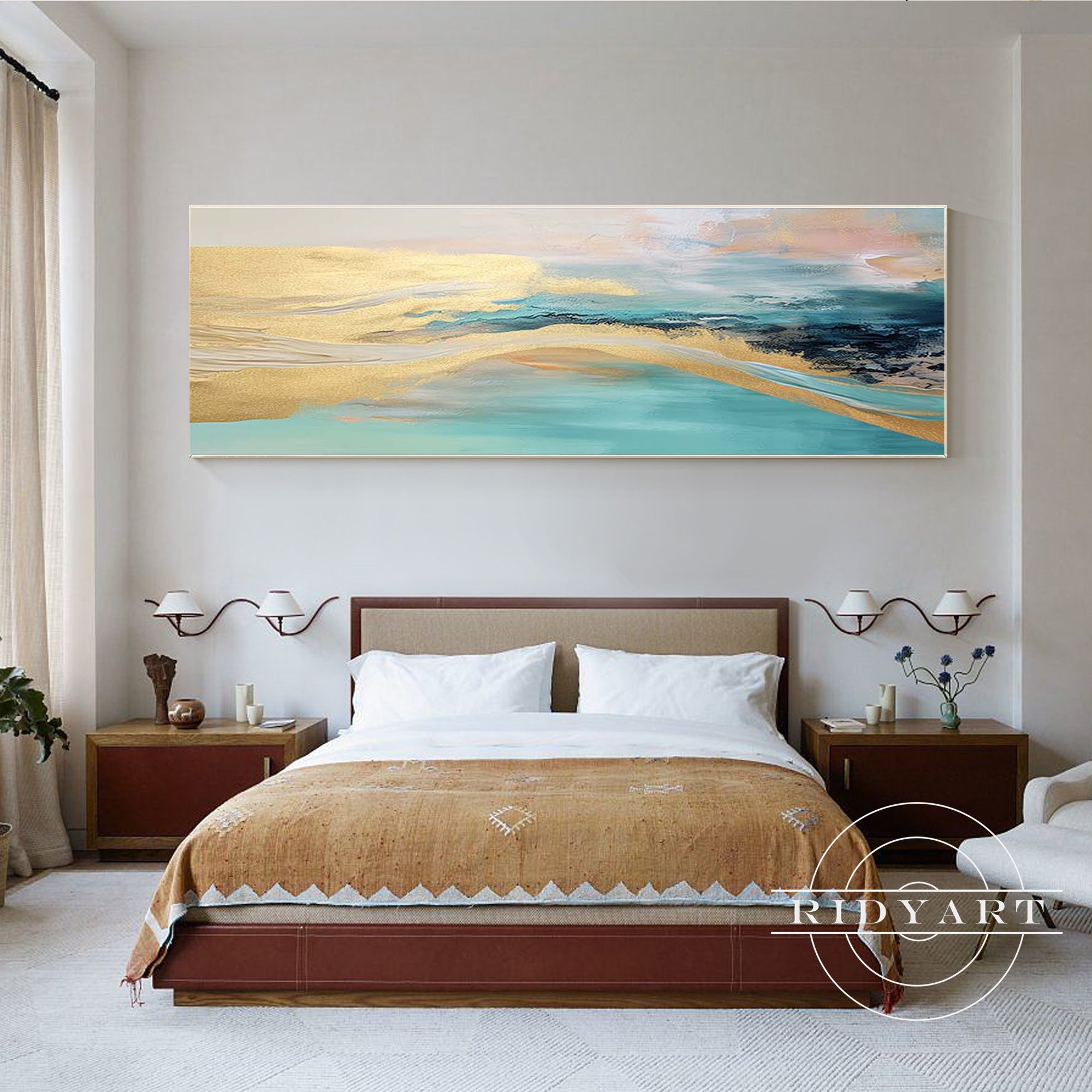 Elegant teal and gold wall art for bedroom and living spaces.