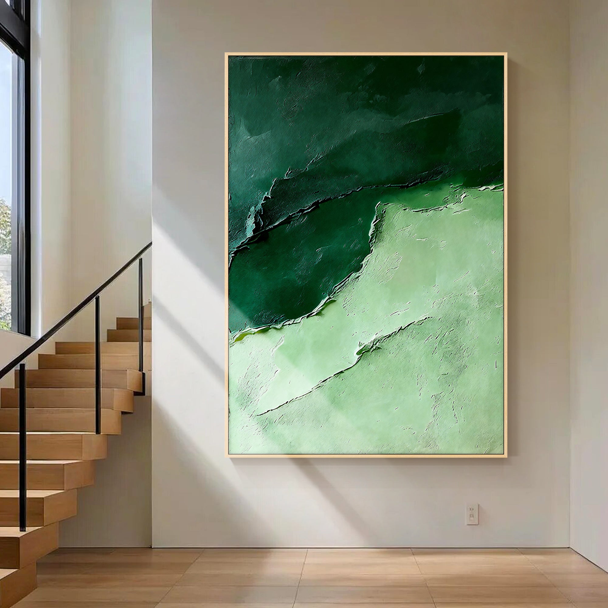 Large emerald abstract artwork in neutral living room interior