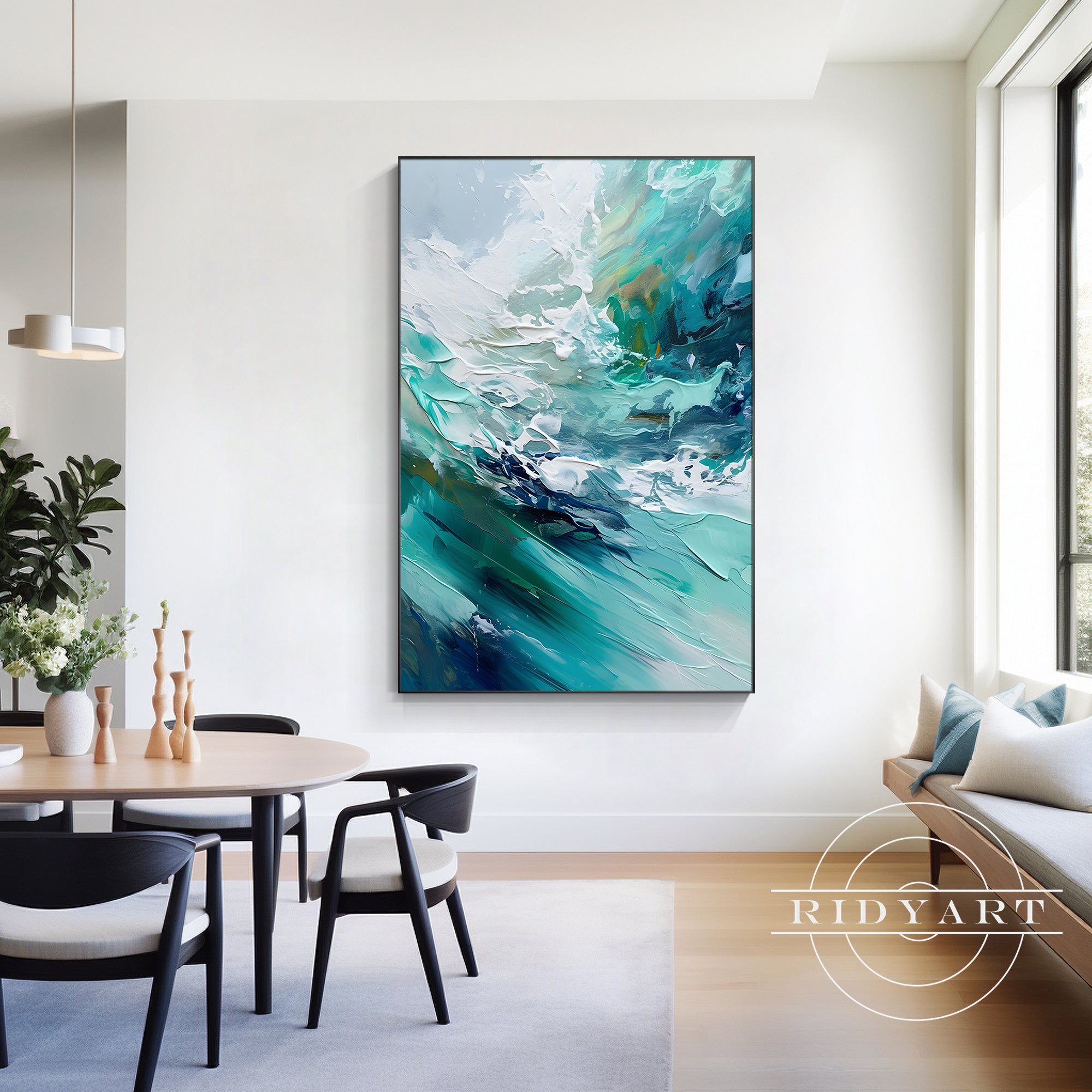 Abstract sea painting in teal and emerald tones