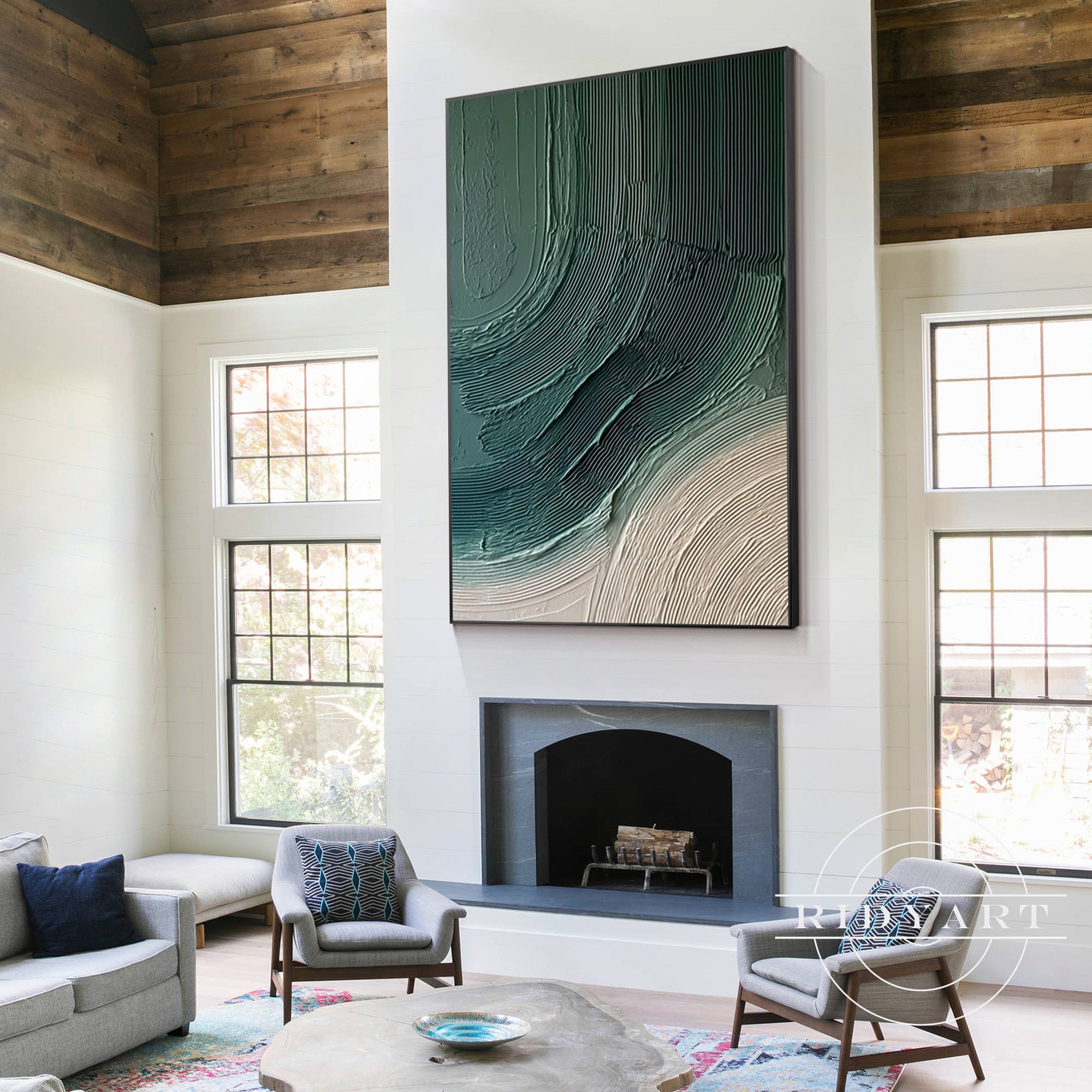 Large minimalist Wabi Sabi painting in deep green tones