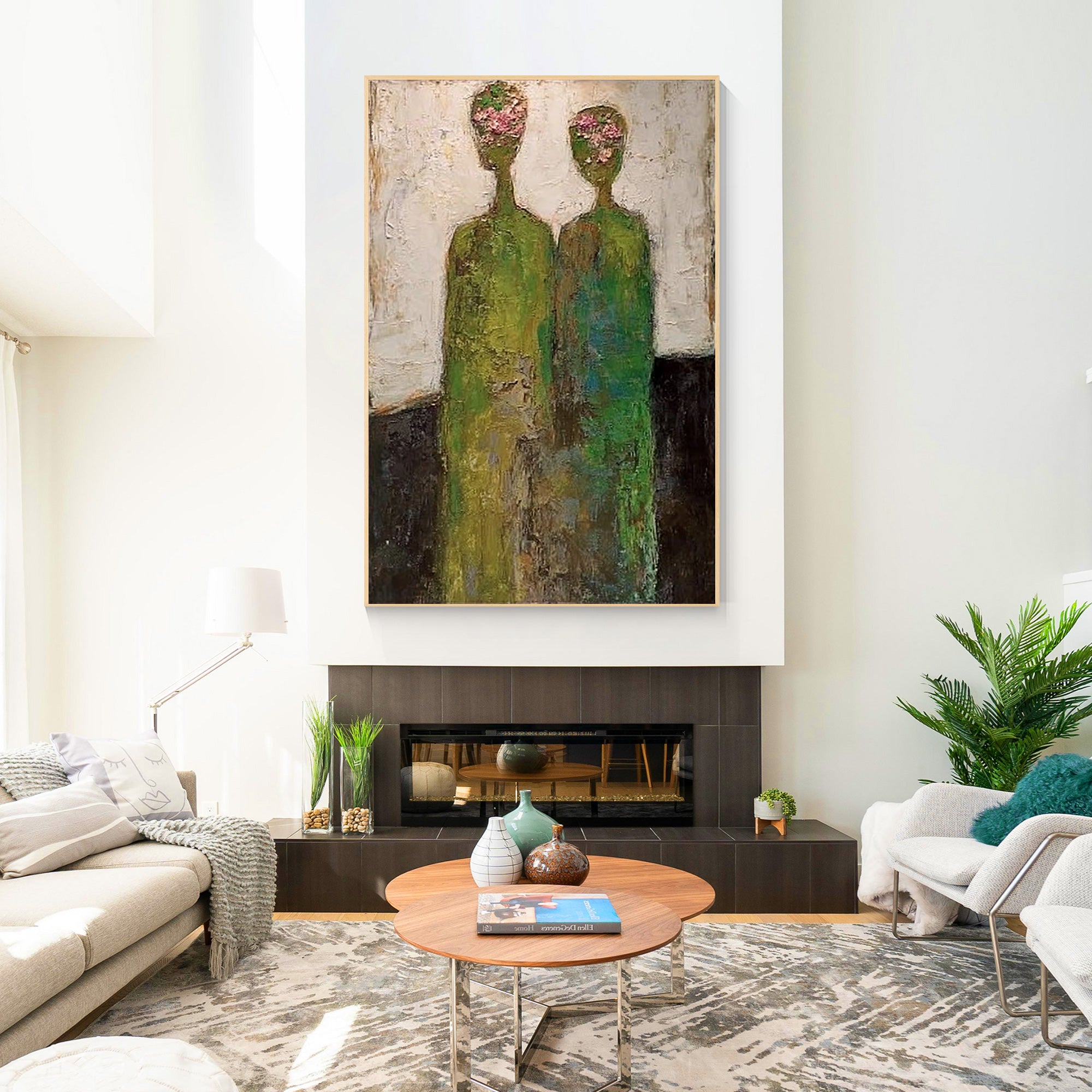 Large abstract floral wall art neutral tones