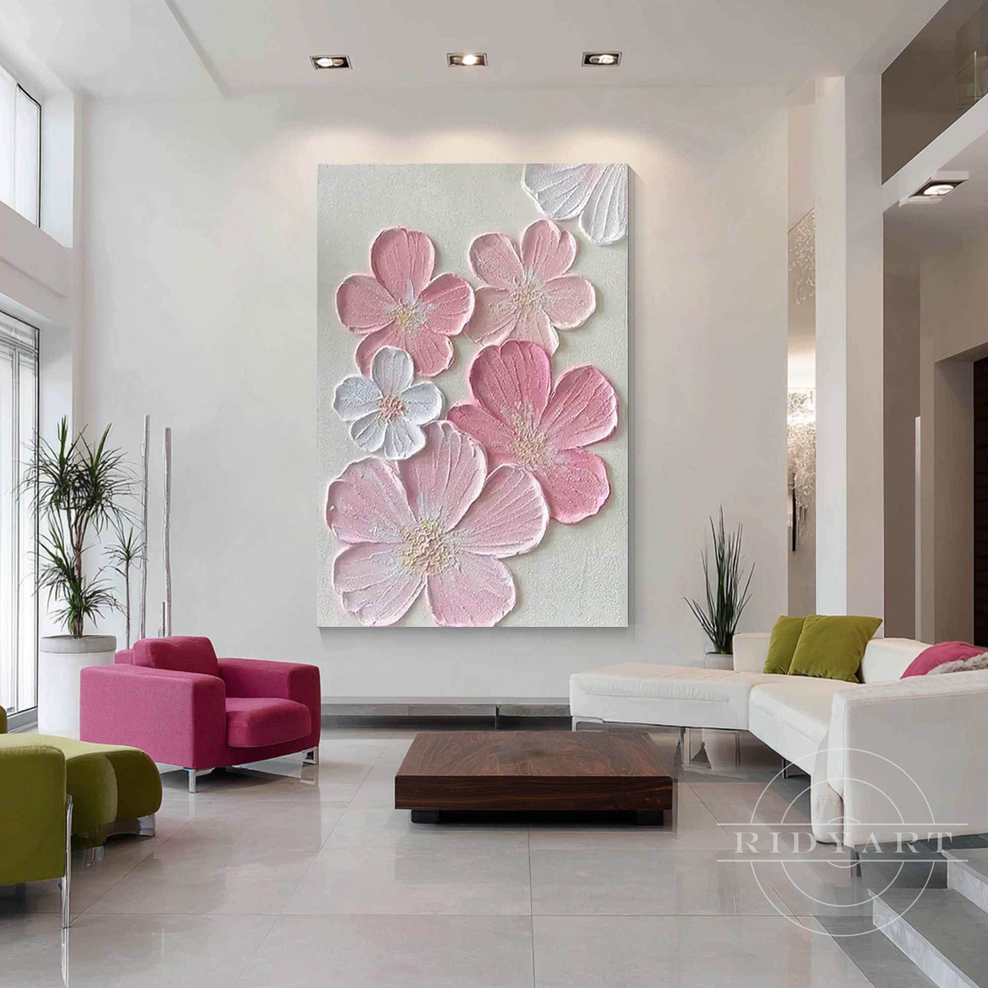 Modern floral wall art with soft pink texture
