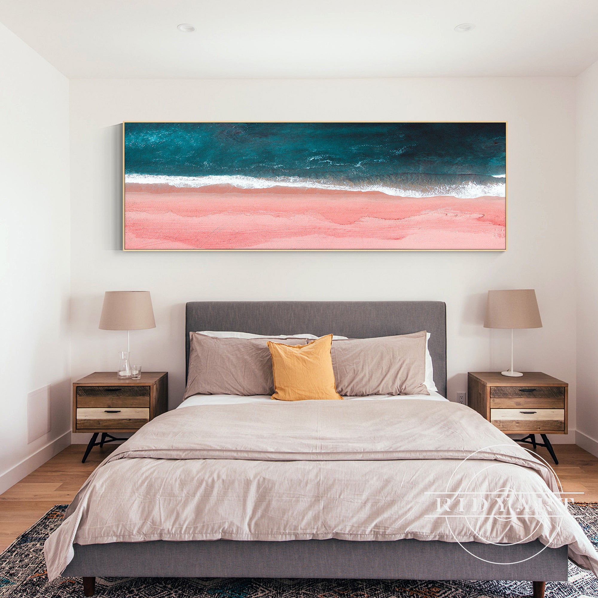 Long horizontal abstract ocean painting in turquoise and pink hues.
