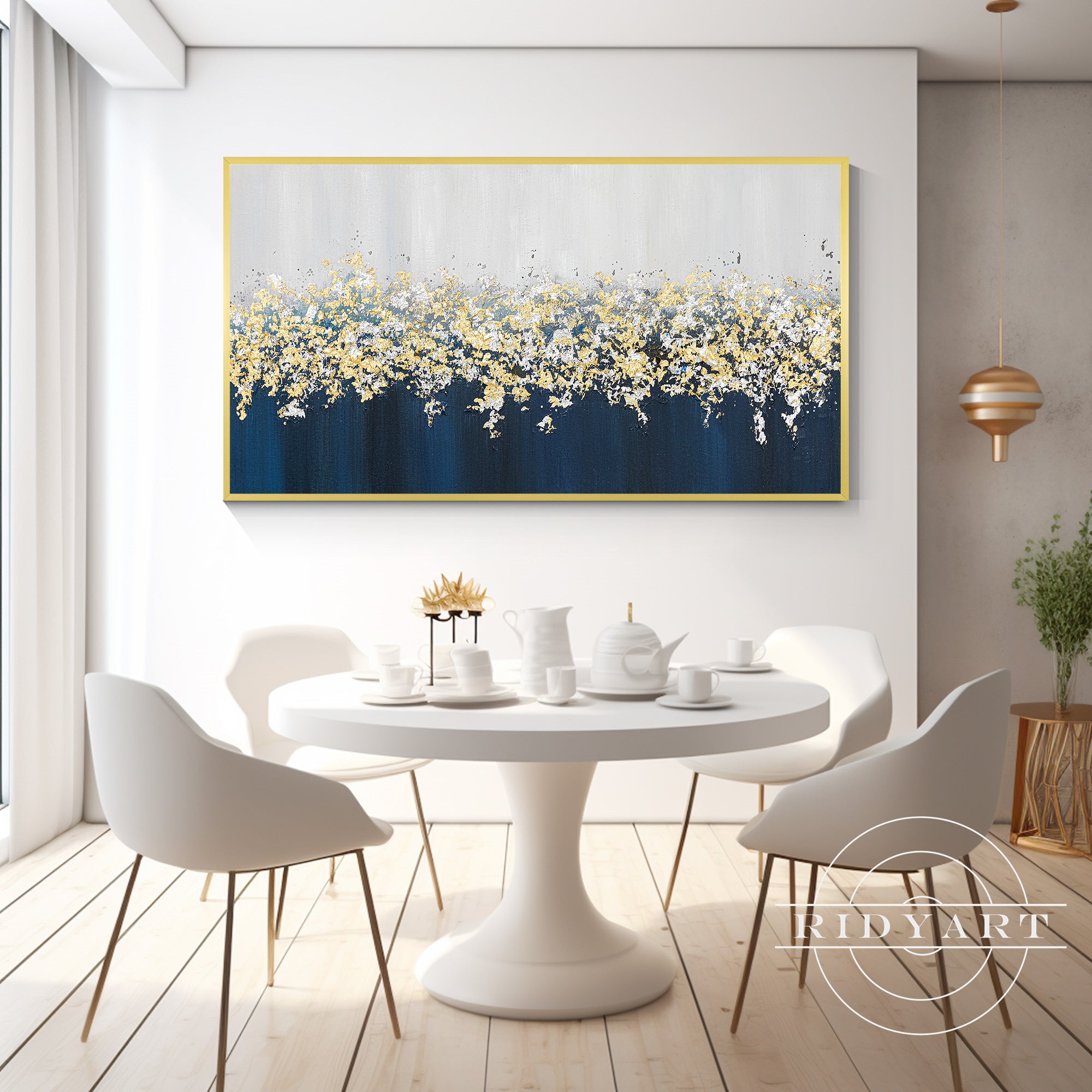 Large original canvas art with navy flowers and leaf accents