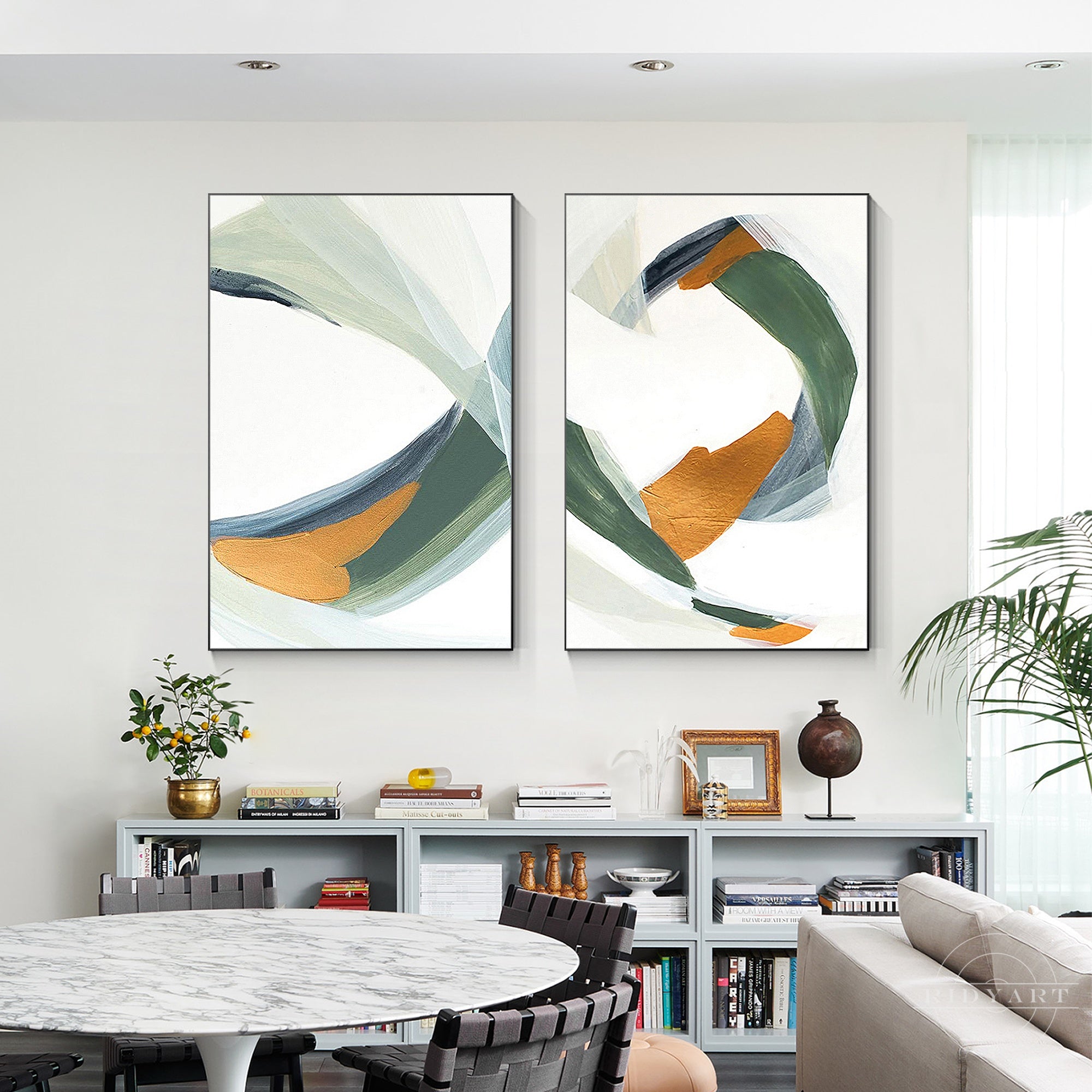 Framed minimalist art with gold accents
