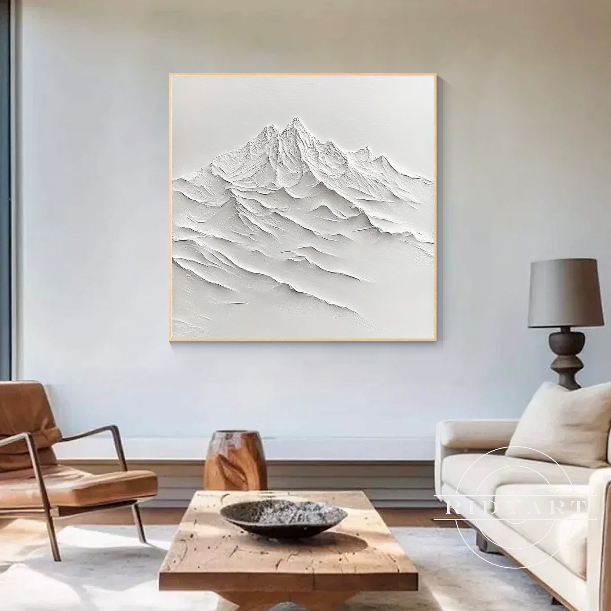 Framed white mountain artwork for living room decor