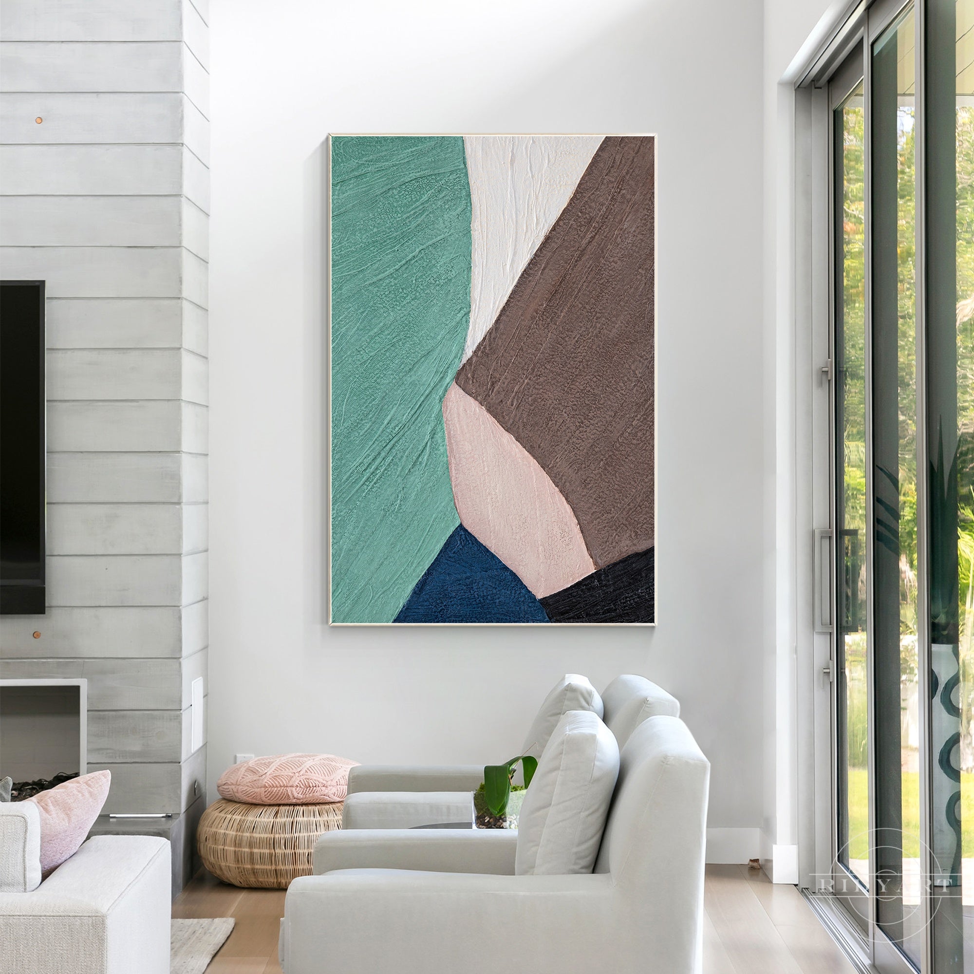 Textured abstract painting in teal and earthy tones.