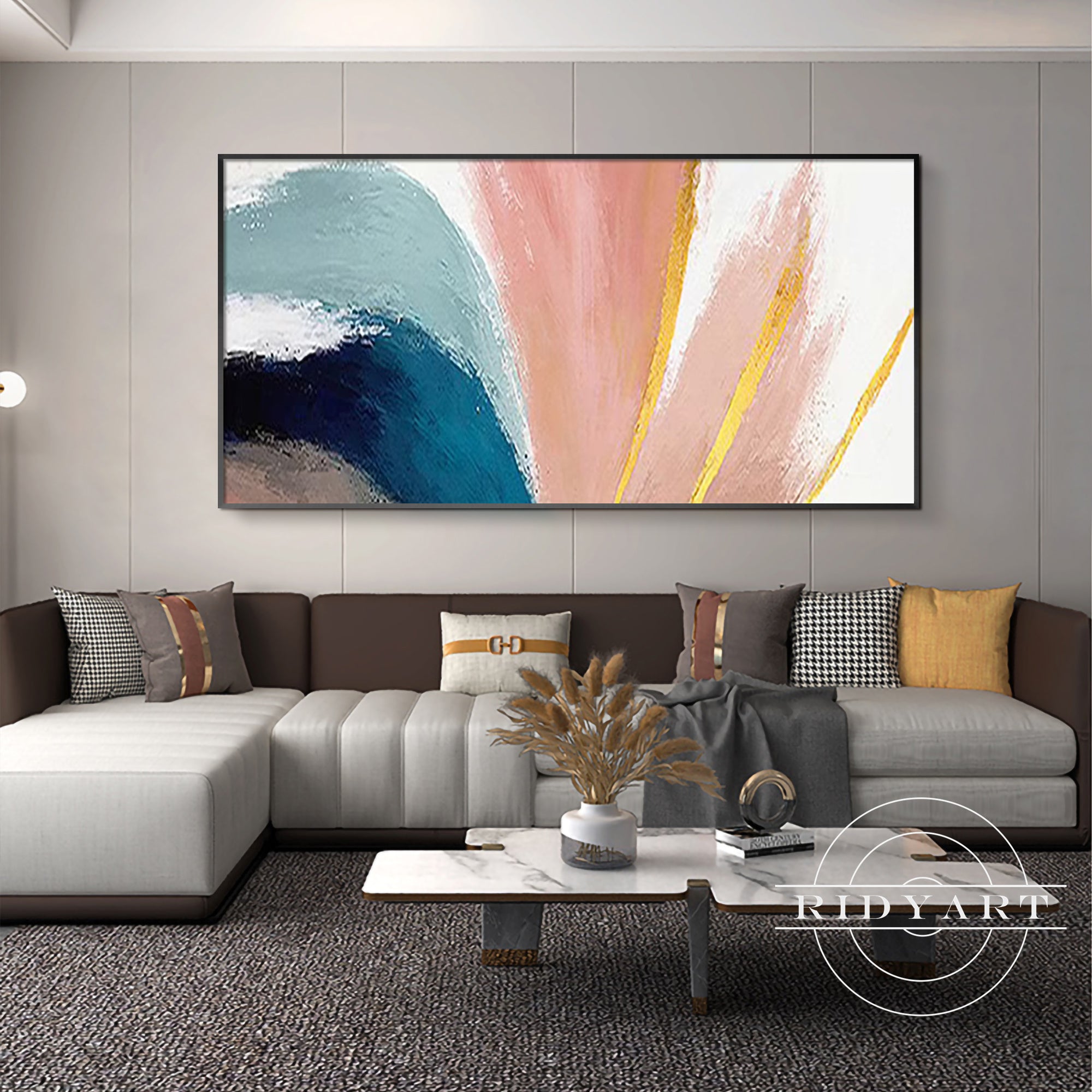 Modern coral pink wall painting with gold accents