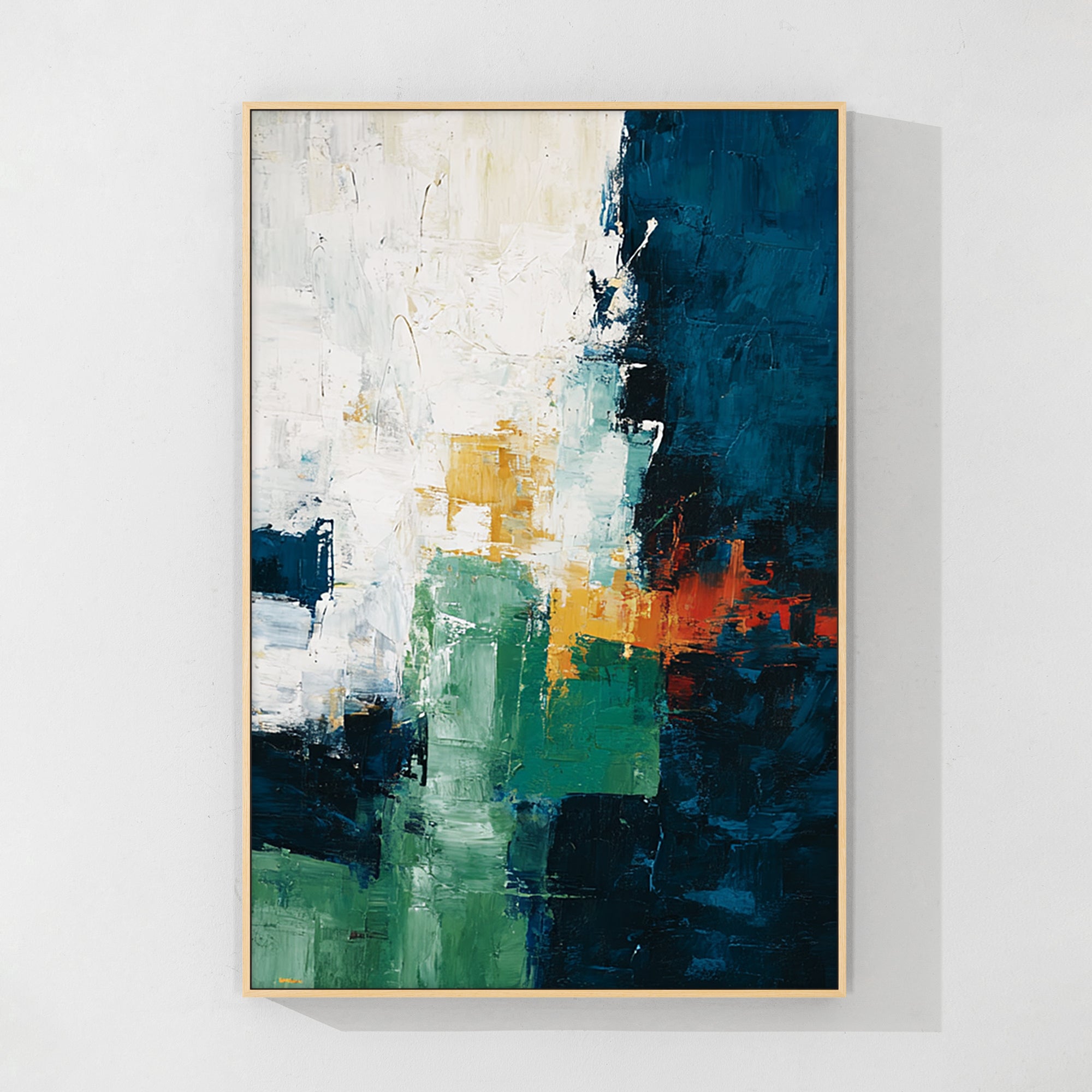 Large navy and emerald abstract painting with beige textured details