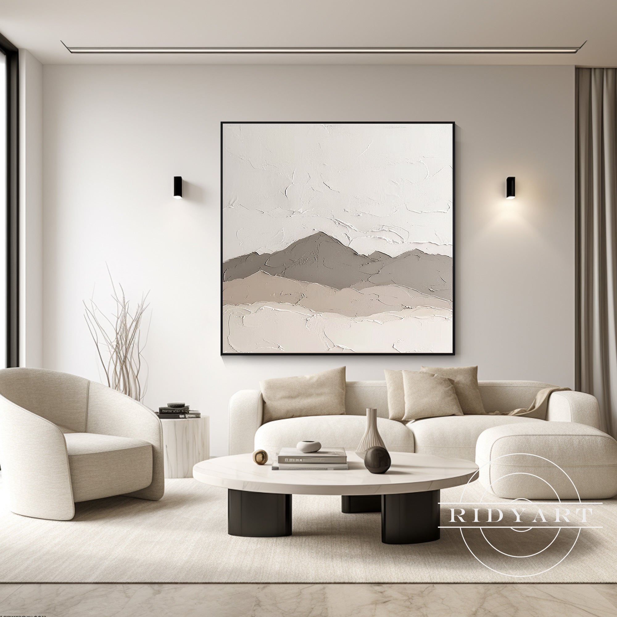 Handmade textured mountain artwork in neutral colors