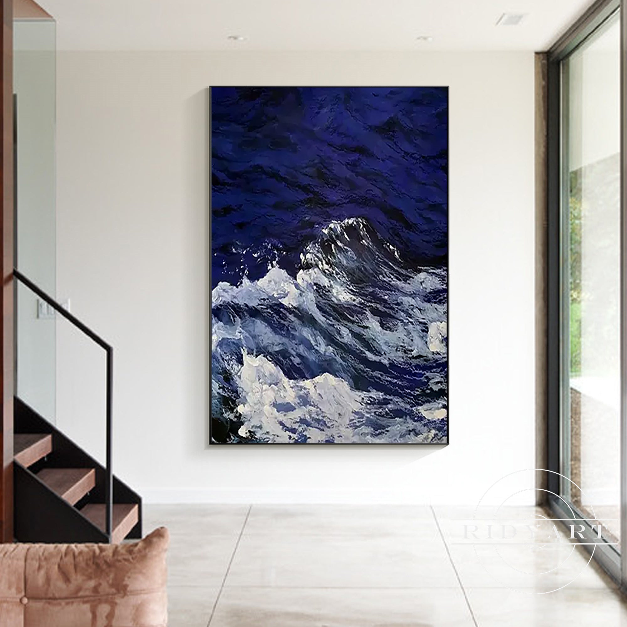 Large navy blue seascape painting