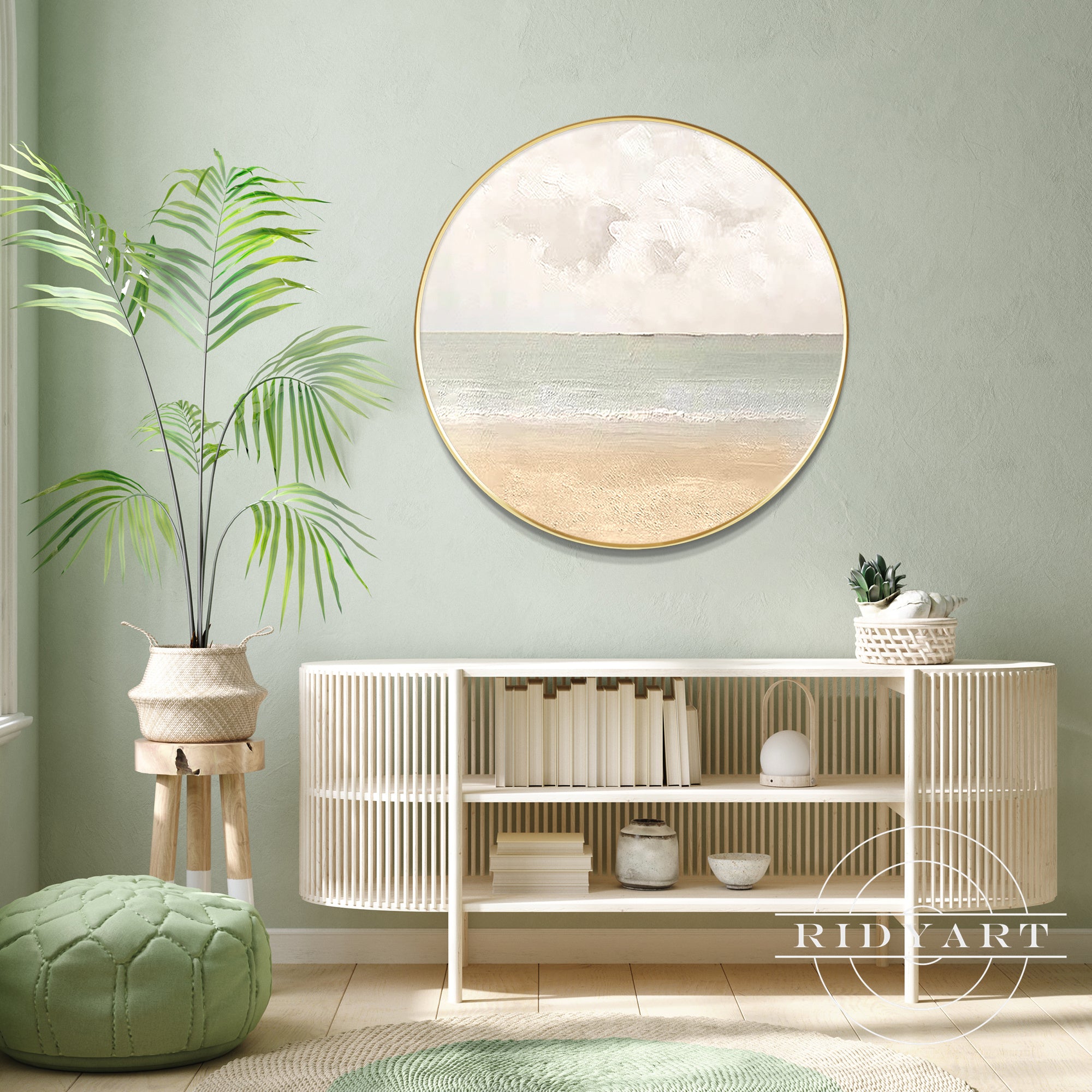Coastal inspired green and brown wall art with 3D texture