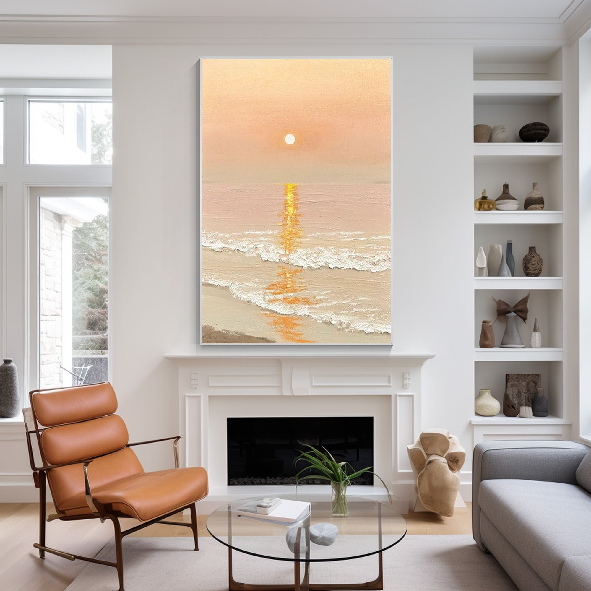 Large pastel seascape wall art featuring a golden sunrise