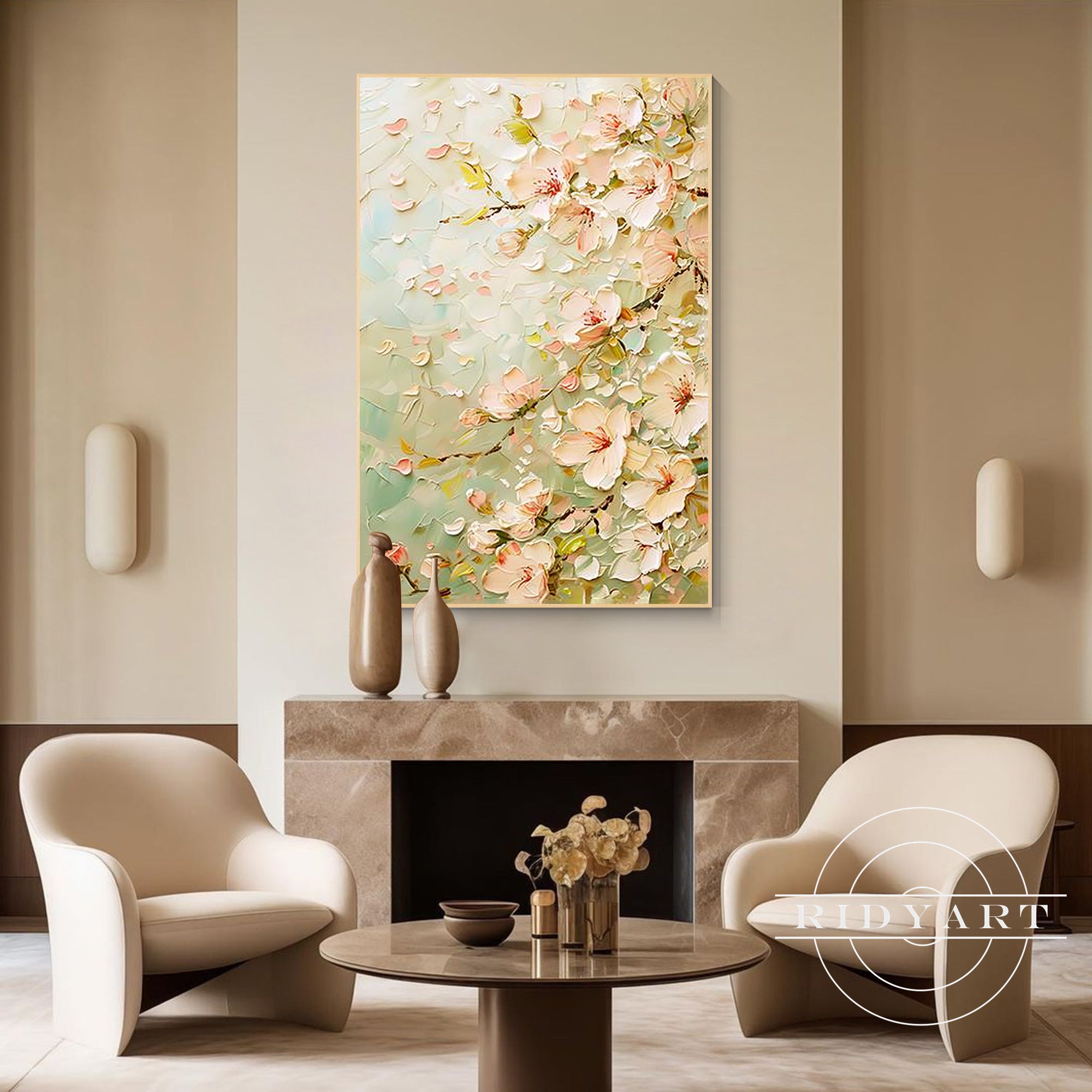 Large pink floral wall art with raised texture