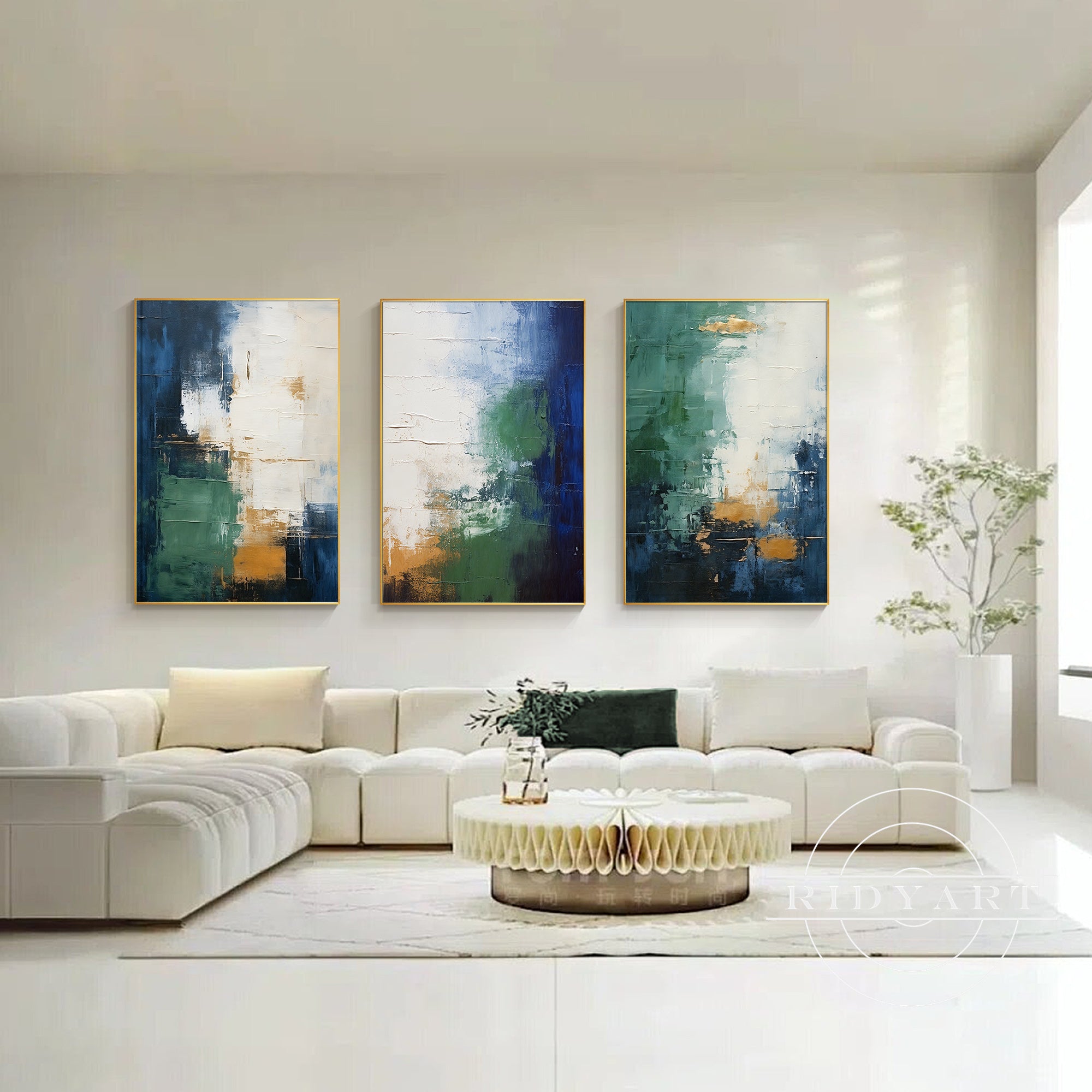 Large textured blue green wall art for living room