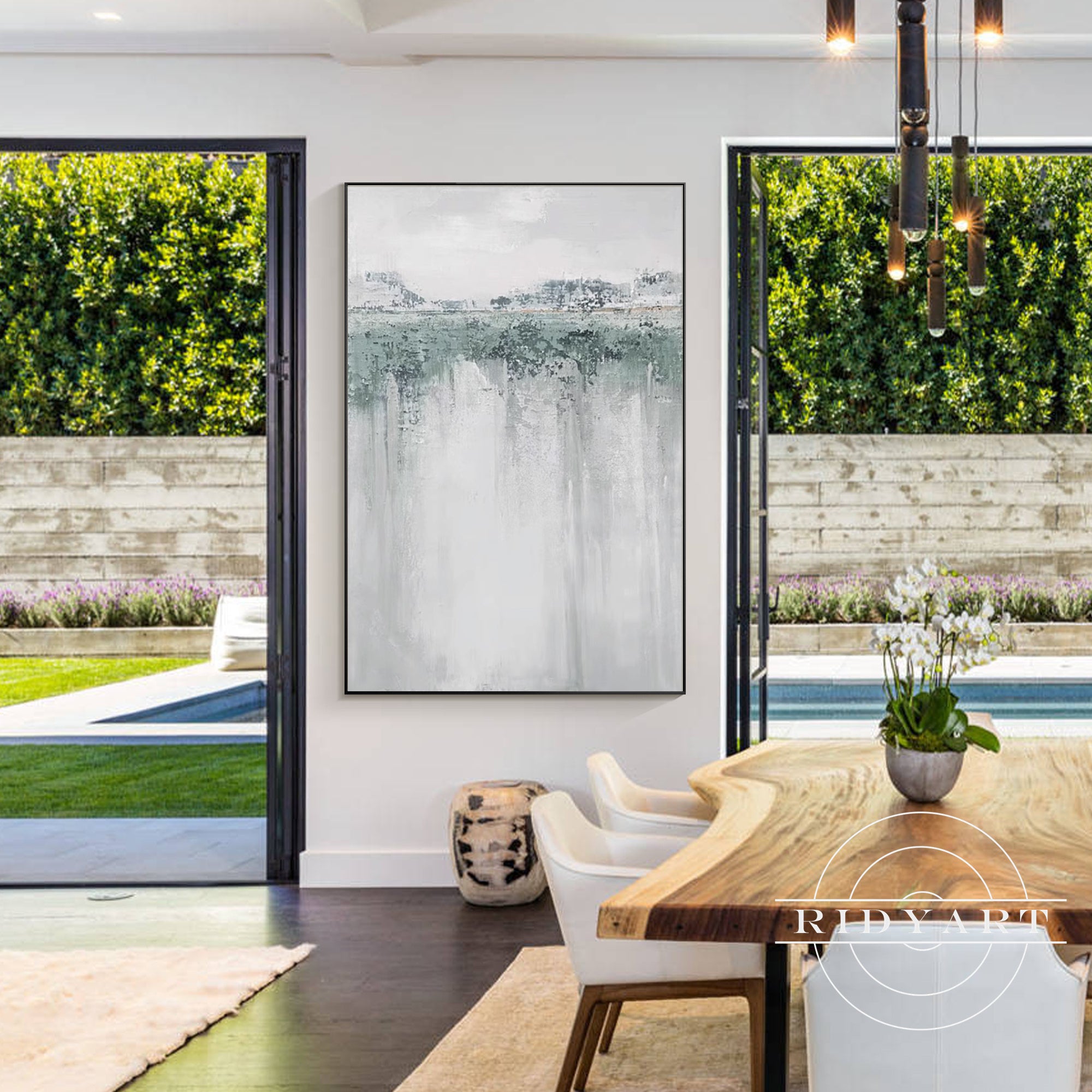 Large modern canvas painting in grey