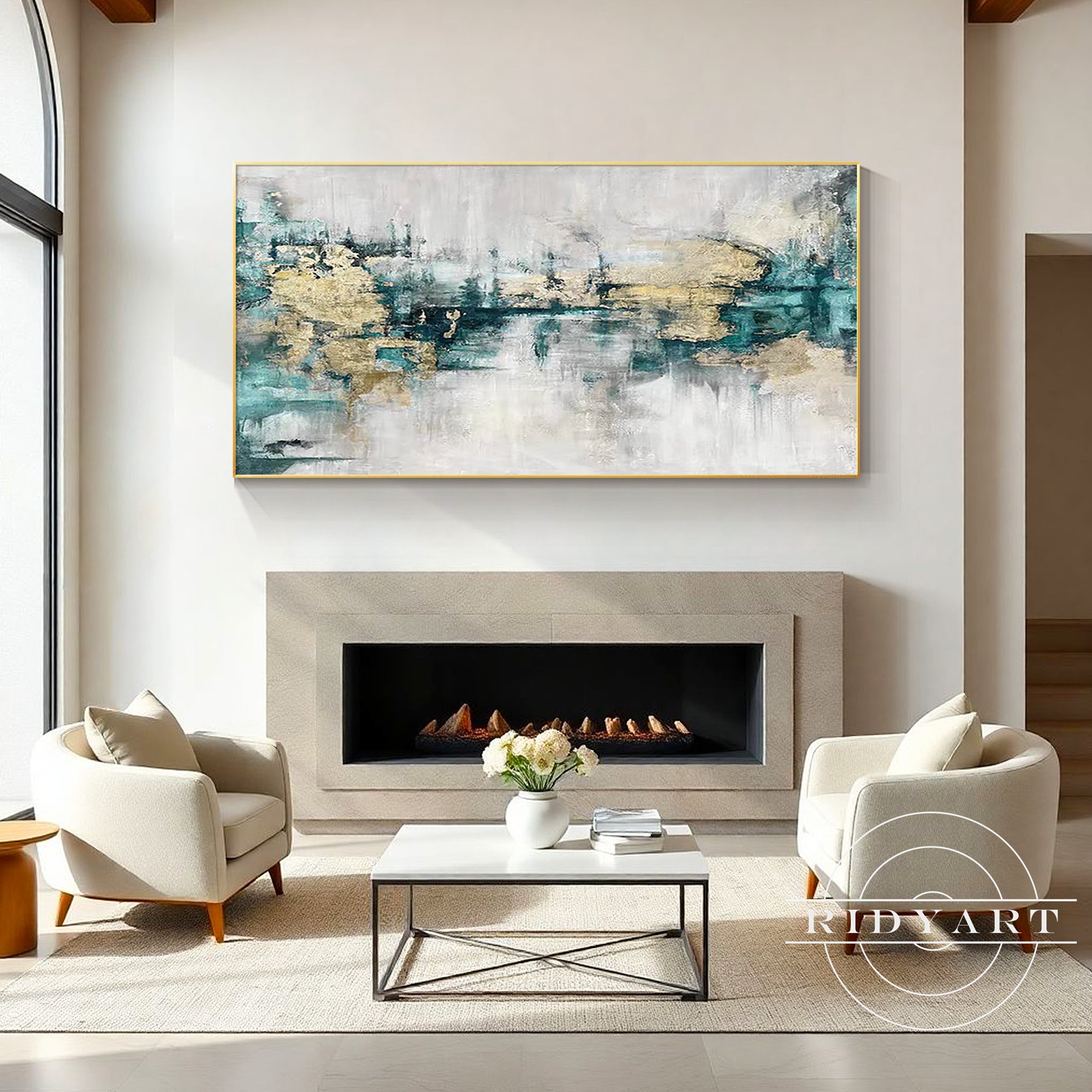 Large teal and gold canvas painting contemporary home décor