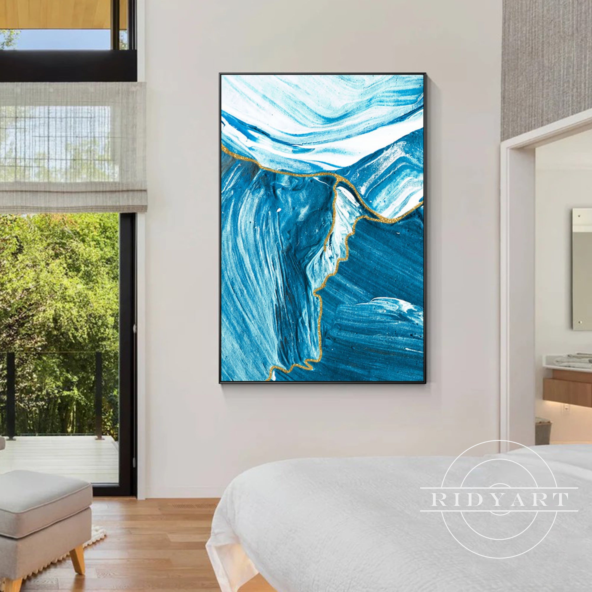 Coastal abstract blue painting for bedroom or office wall decor.