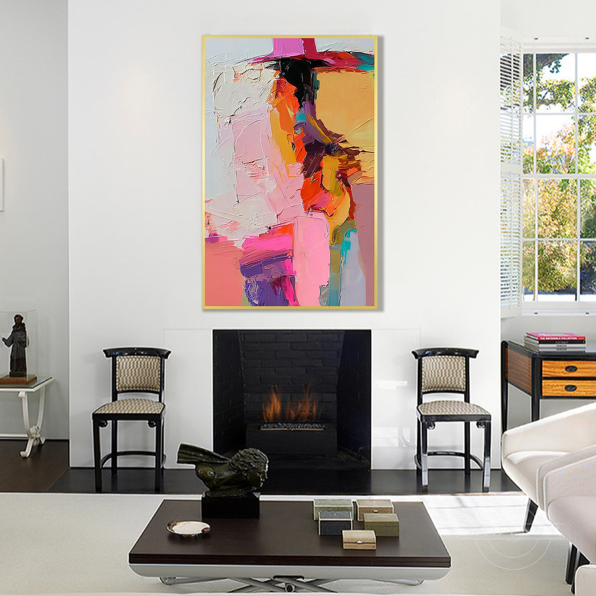 Large vertical abstract canvas art piece displayed on a wall, showing its proportion and visual impact in a home decor environment.