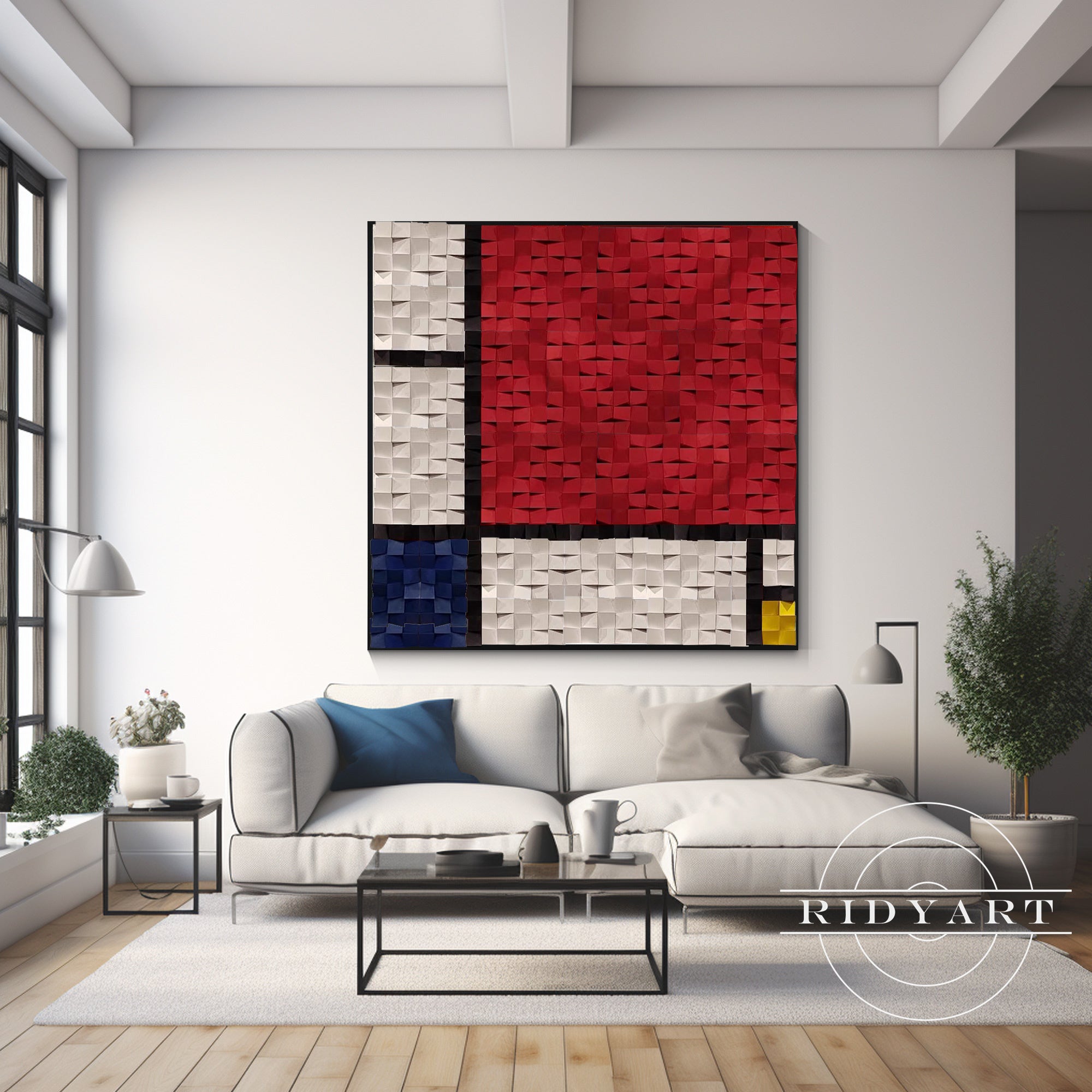Red and blue geometric wood panel wall painting