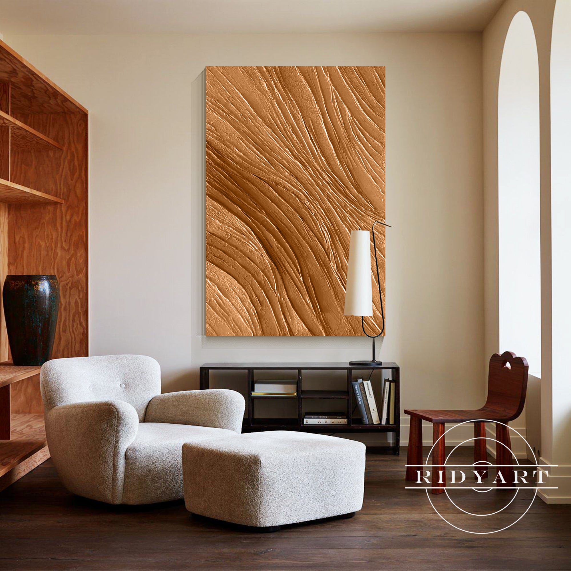 Arte su tela astratta minimalista con texture 3D nei toni della terra